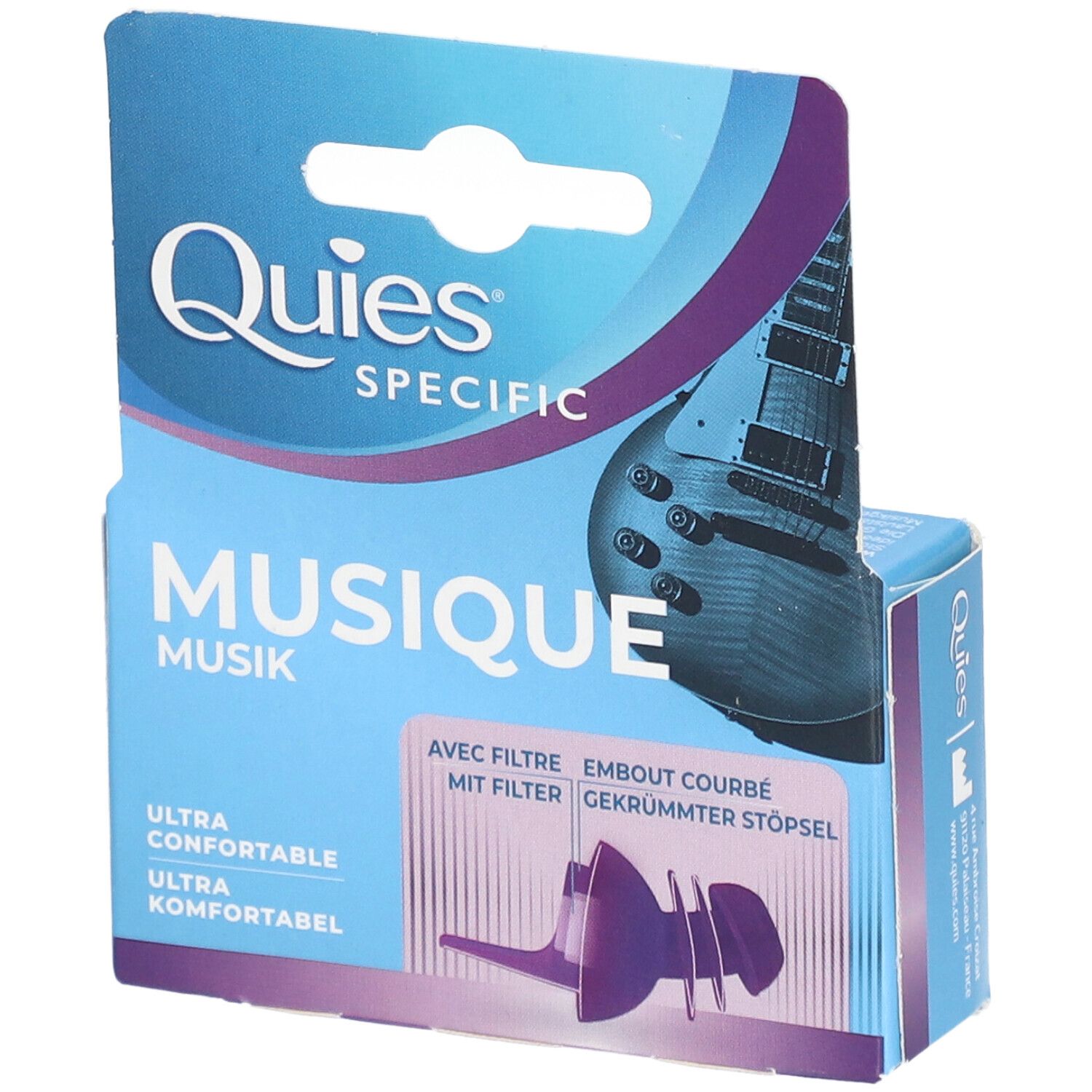 Boîte avec bouchon d'oreille violet. Inscription: Quies, MUSIQUE. Avec filtre, embout courbé.
