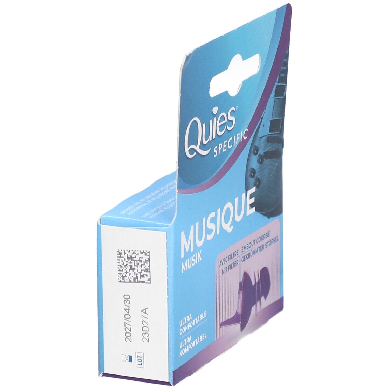 Boîte avec bouchon d'oreille violet. Inscription: Quies, MUSIQUE. Code QR. Vue en angle.