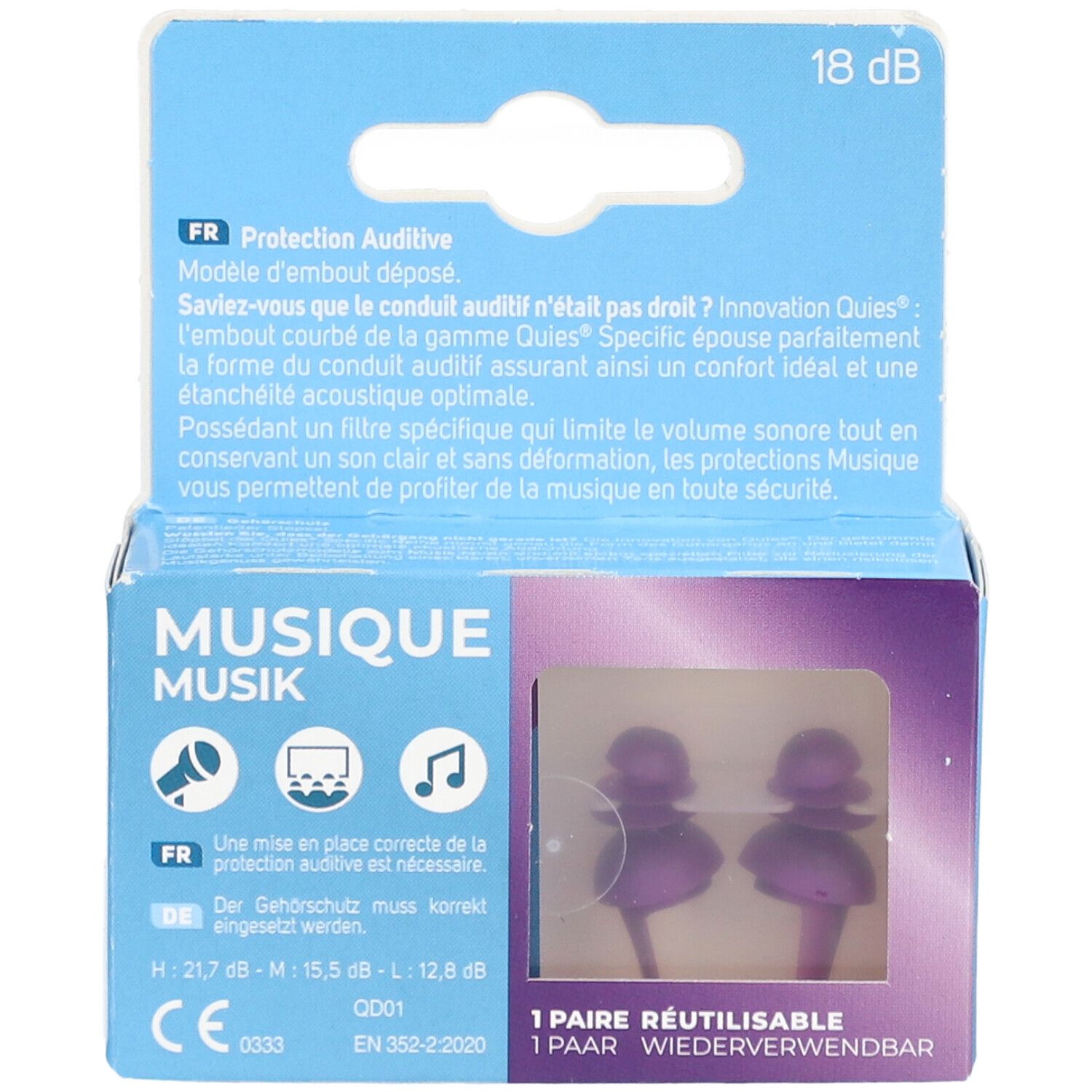 Boîte avec deux bouchons d'oreille violets. Inscription: MUSIQUE, 18 dB. Fenêtre. Marque CE.