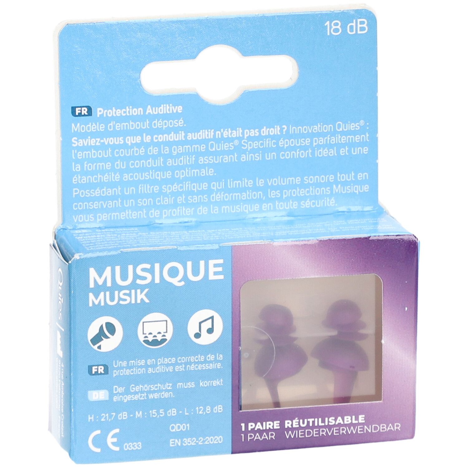 Boîte avec deux bouchons d'oreille violets. Inscription: MUSIQUE, 18 dB. Fenêtre. Marque CE.