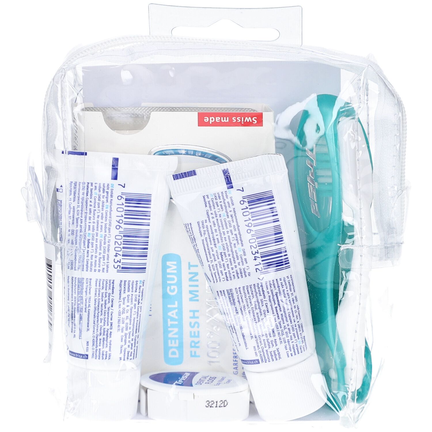 Reisetasche mit Zahnpasta, Zahnbürste, Zahnseide und Kaugummi. Verpackt in einer transparenten Tasche. Swiss made.