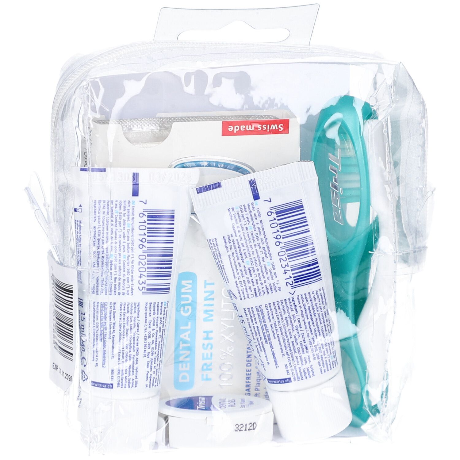 Reisetasche mit Zahnpasta, Zahnbürste, Zahnseide und Kaugummi. Verpackt in einer transparenten Tasche. Swiss made.