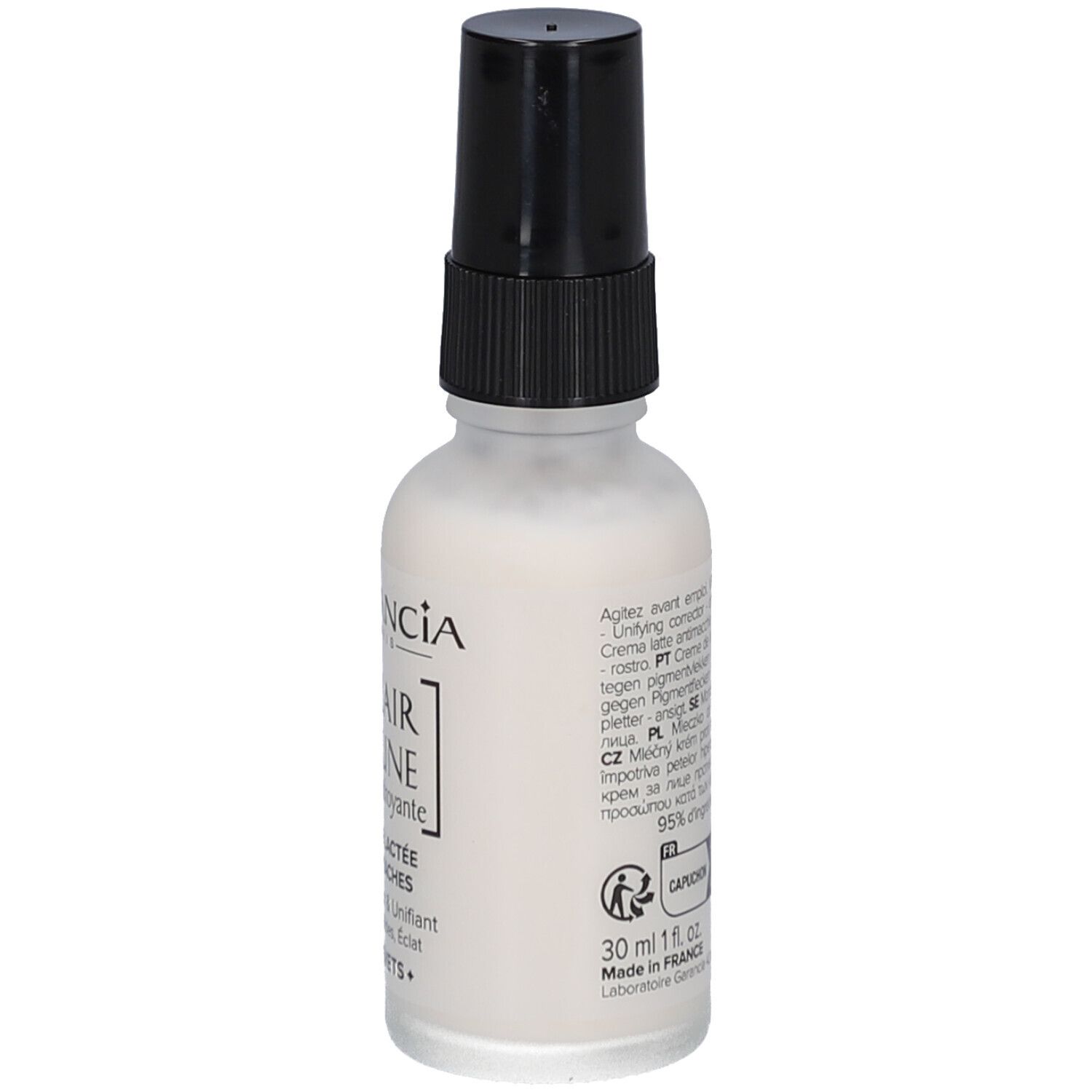 Flasche mit Milchcreme und schwarzem Sprühkopf. Rückansicht mit Text.