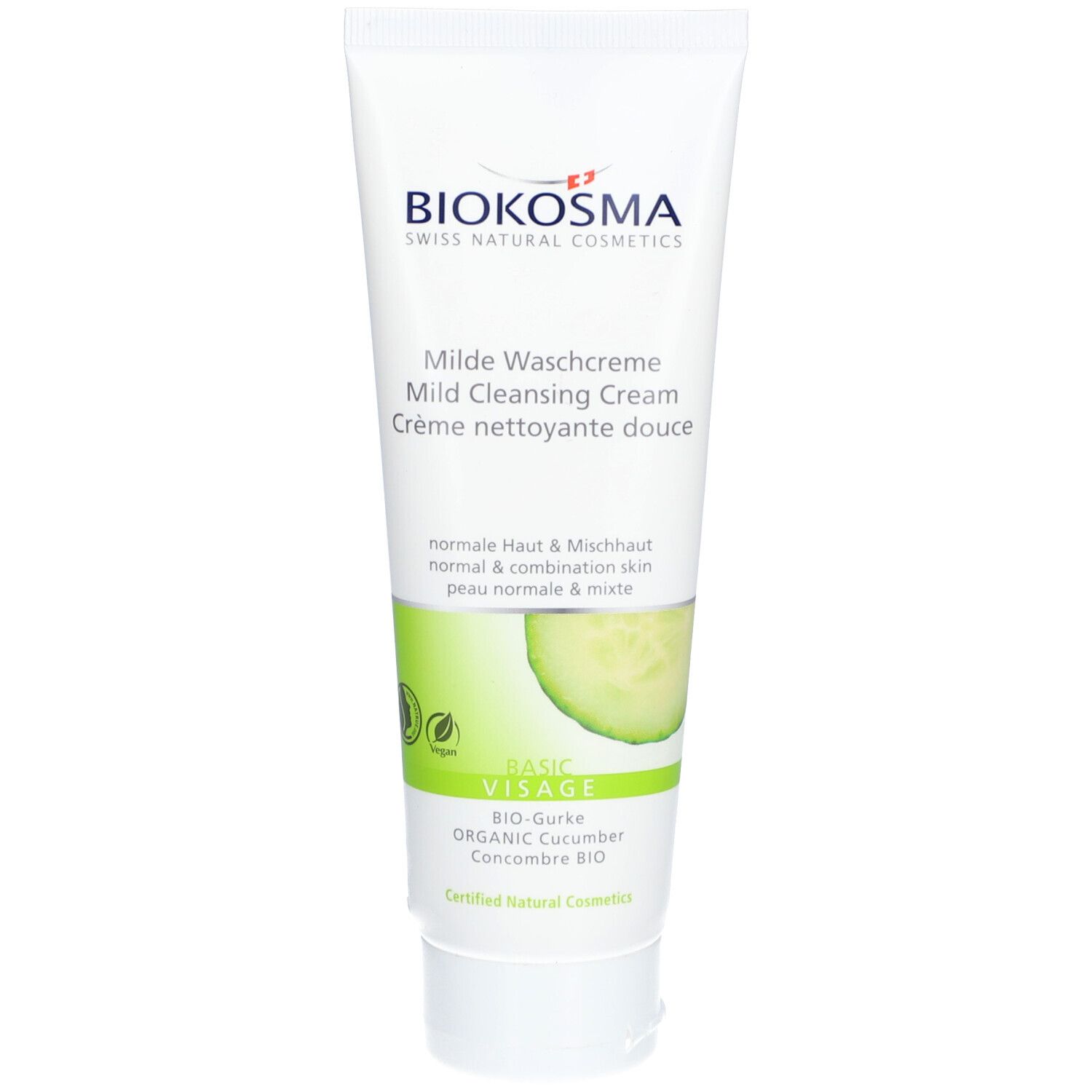 Weiße Tube mit Aufschrift BIOKOSMA. Text: Milde Waschcreme, Crème nettoyante douce. Grüner Aufdruck mit Gurke.