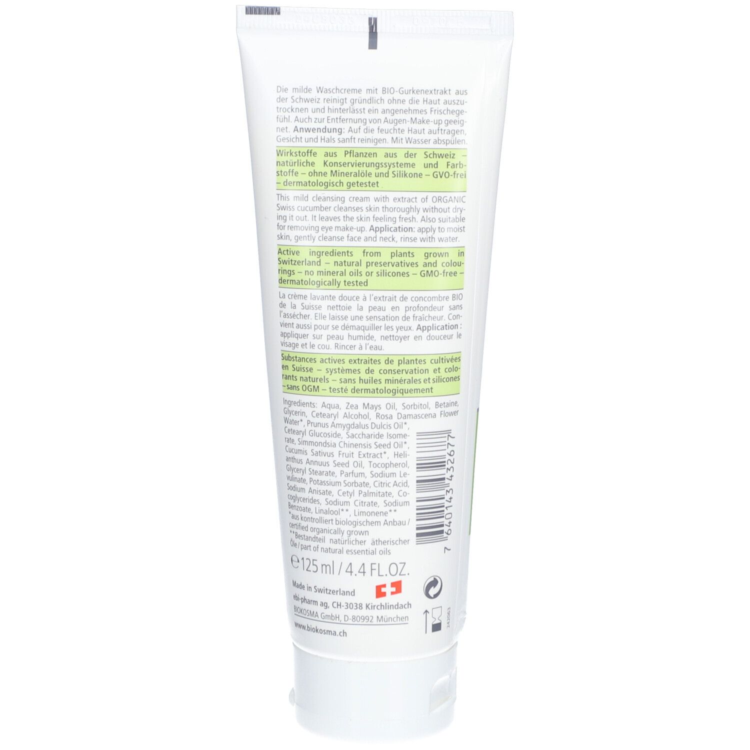 Rückseite der Tube. Text in Deutsch und Englisch. Inhaltsstoffe und Herstellerinformationen. Grüner Aufdruck.