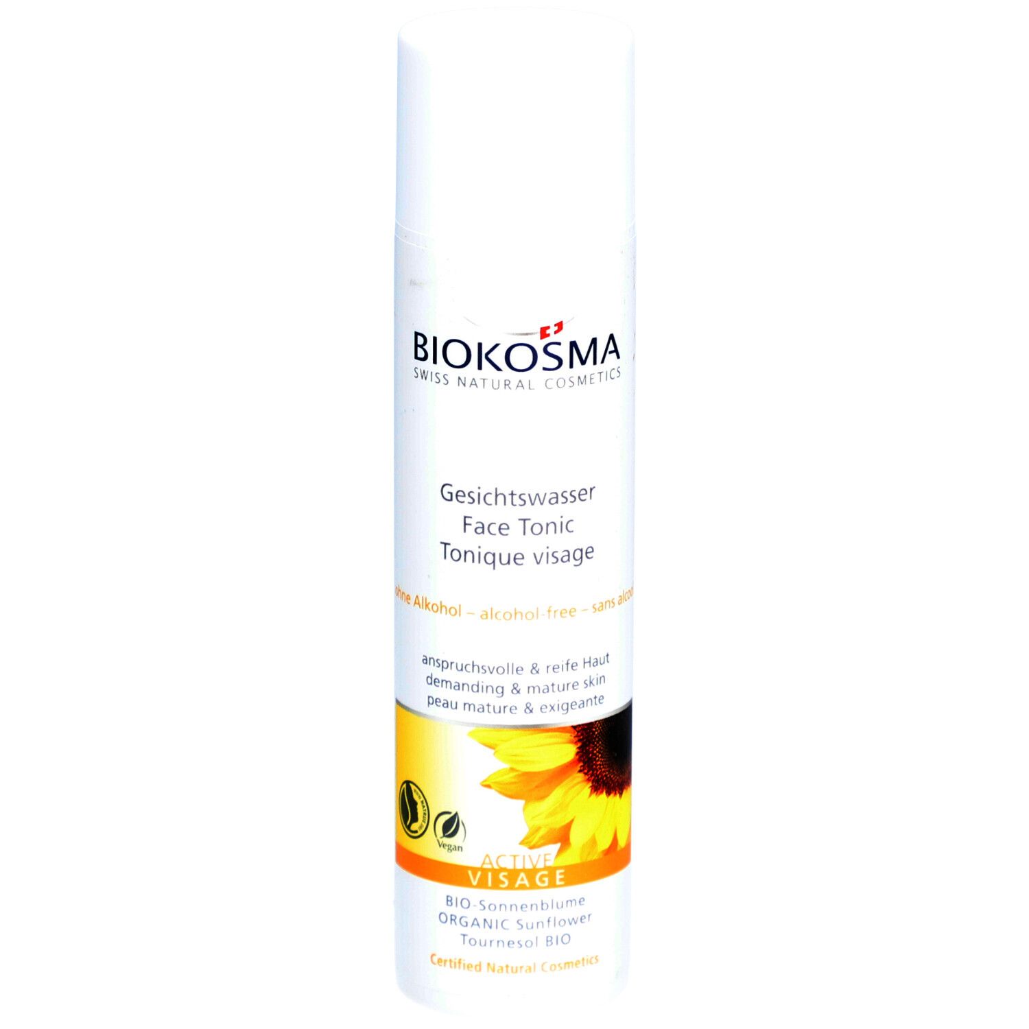 Weisse Flasche mit Produktetikett. Aufschrift: BIOKOSMA, Gesichtswasser, Face Tonic, Tonique visage. Sonnenblumen-Illustration.