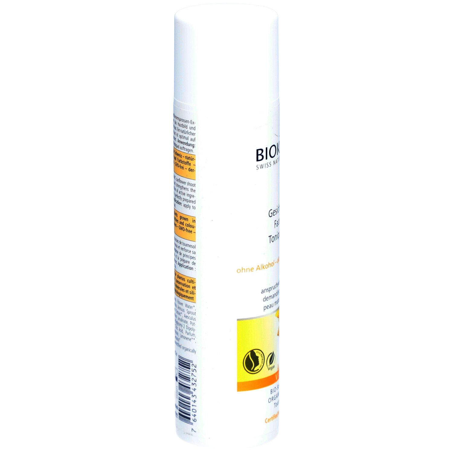 Weisse Flasche, Seitenansicht. Produktetikett mit Text. Aufschrift: BIOKOSMA, Gesichtswasser, Face Tonic, Tonique visage. Sonnenblumen-Illustration.