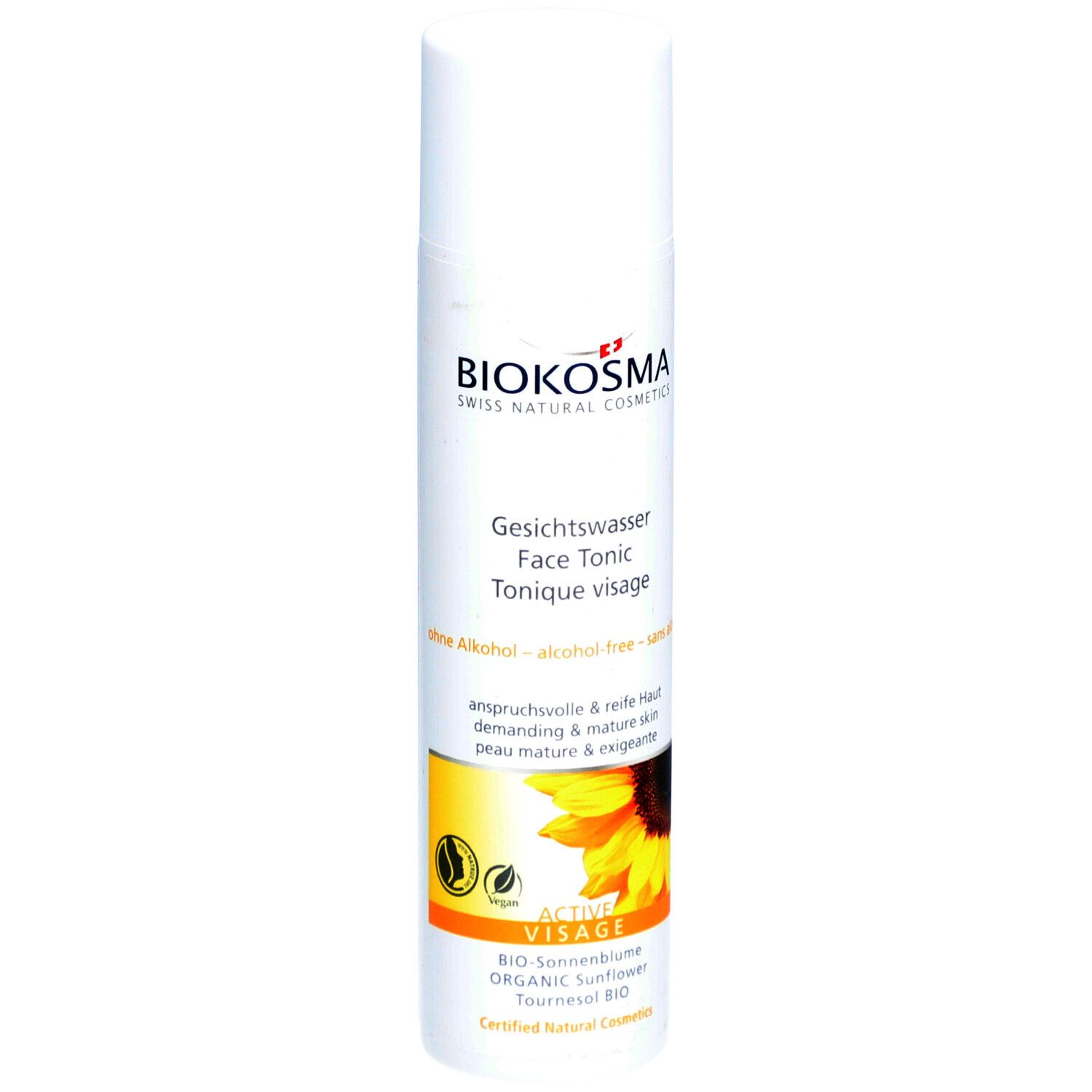 Weisse Flasche mit Produktetikett. Aufschrift: BIOKOSMA, Gesichtswasser, Face Tonic, Tonique visage. Sonnenblumen-Illustration.