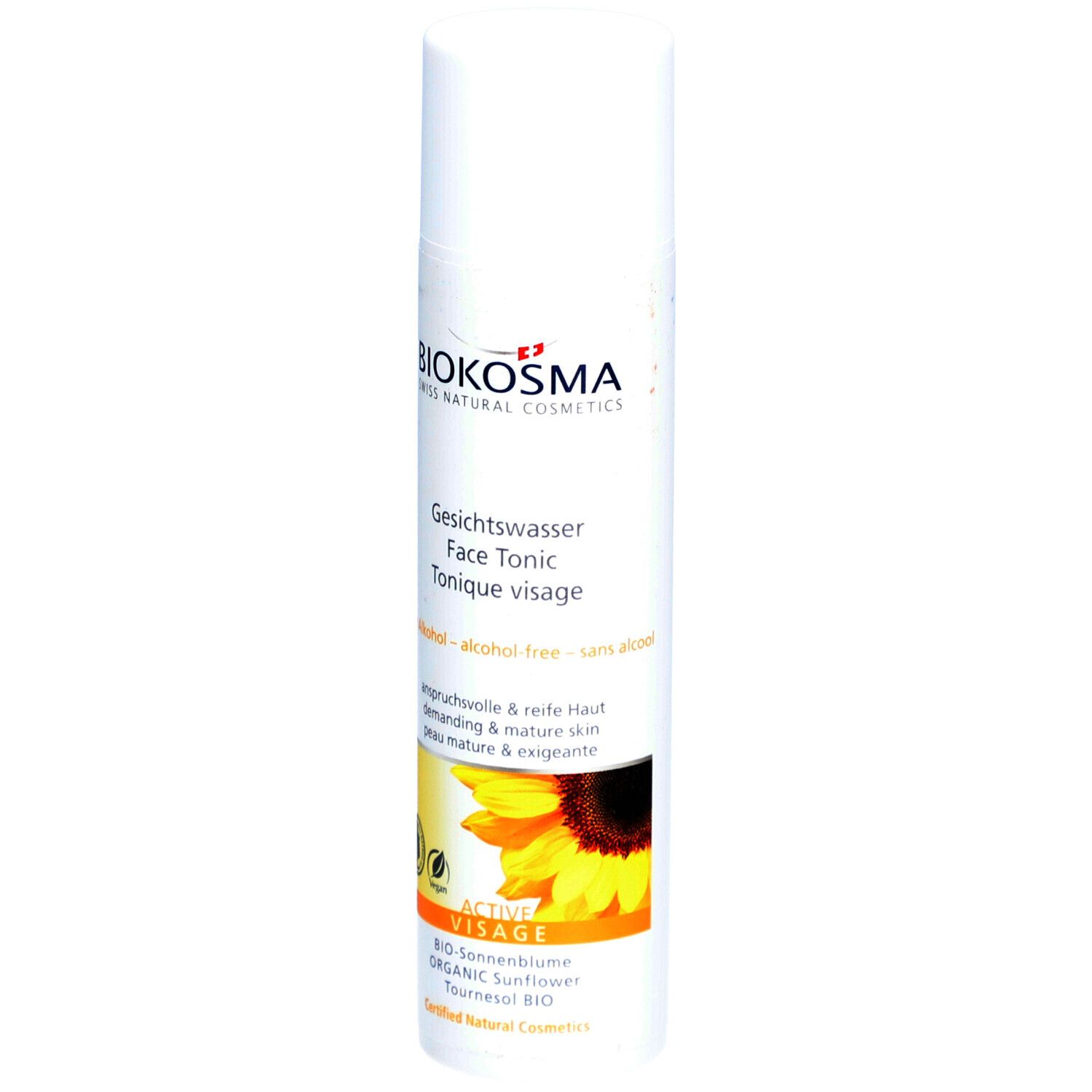 Weisse Flasche mit Produktetikett. Aufschrift: BIOKOSMA, Gesichtswasser, Face Tonic, Tonique visage. Sonnenblumen-Illustration.