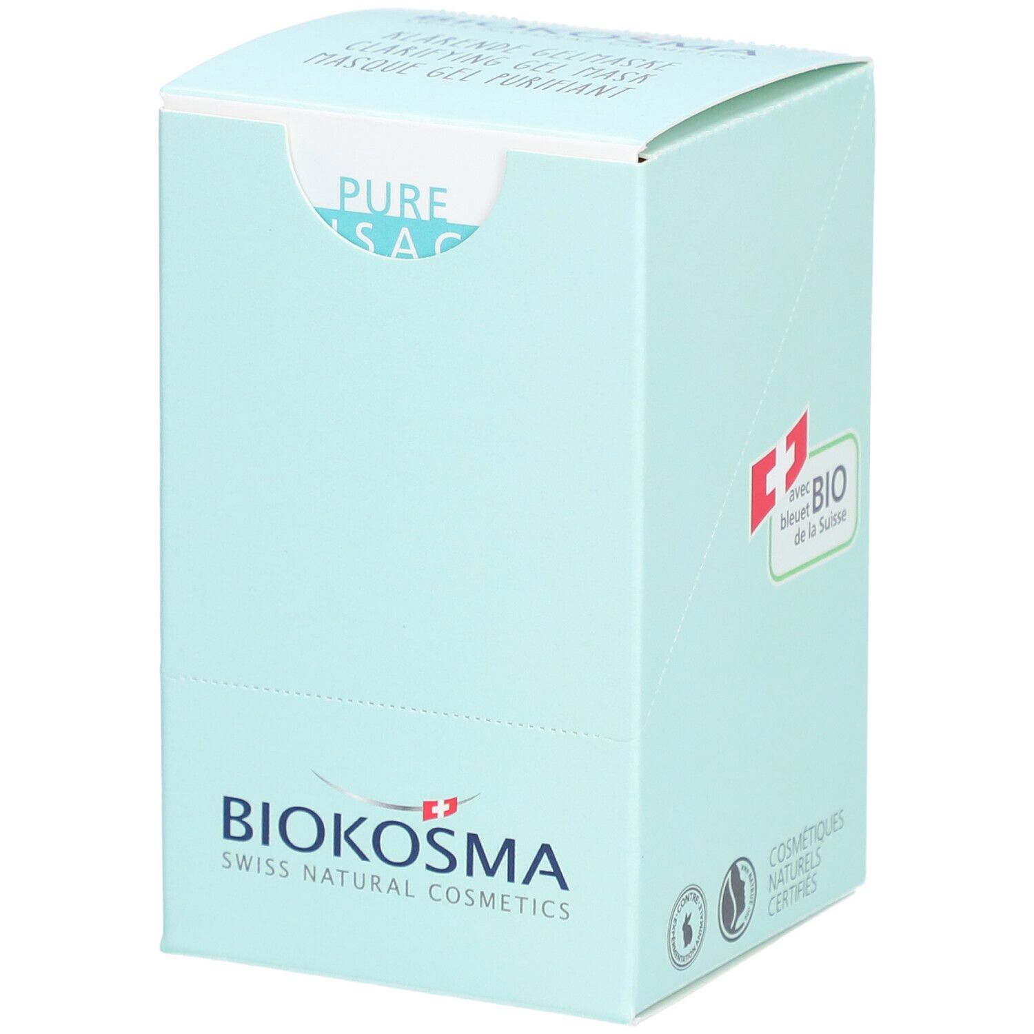 Hellblaue Produktverpackung mit BIOKOSMA-Logo und Schweizer Kreuz. Aufschrift: Swiss Natural Cosmetics. Zertifizierungen.