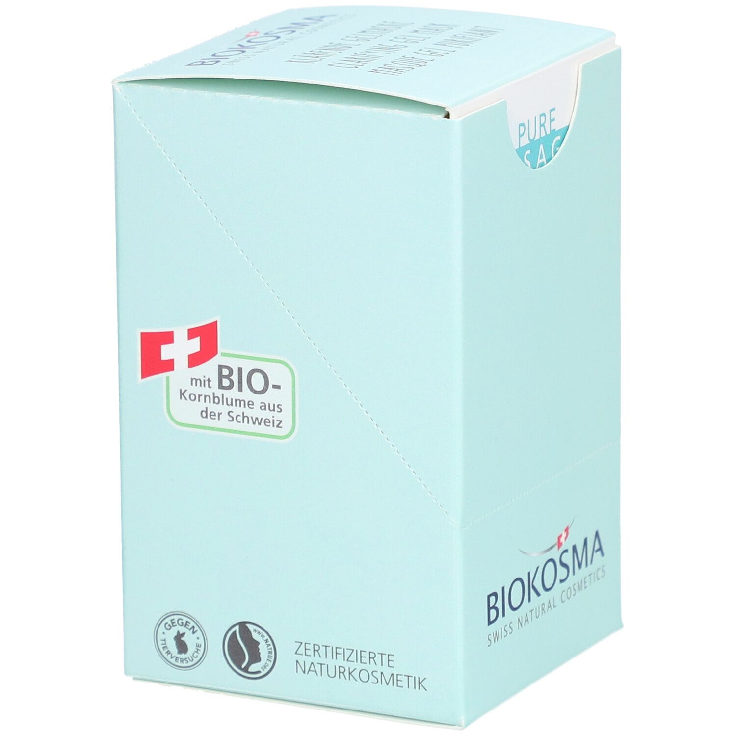 Hellblaue Produktverpackung mit BIOKOSMA-Logo, Schweizer Kreuz und BIO-Zertifizierung. Aufschrift: Zertifizierte Naturkosmetik.