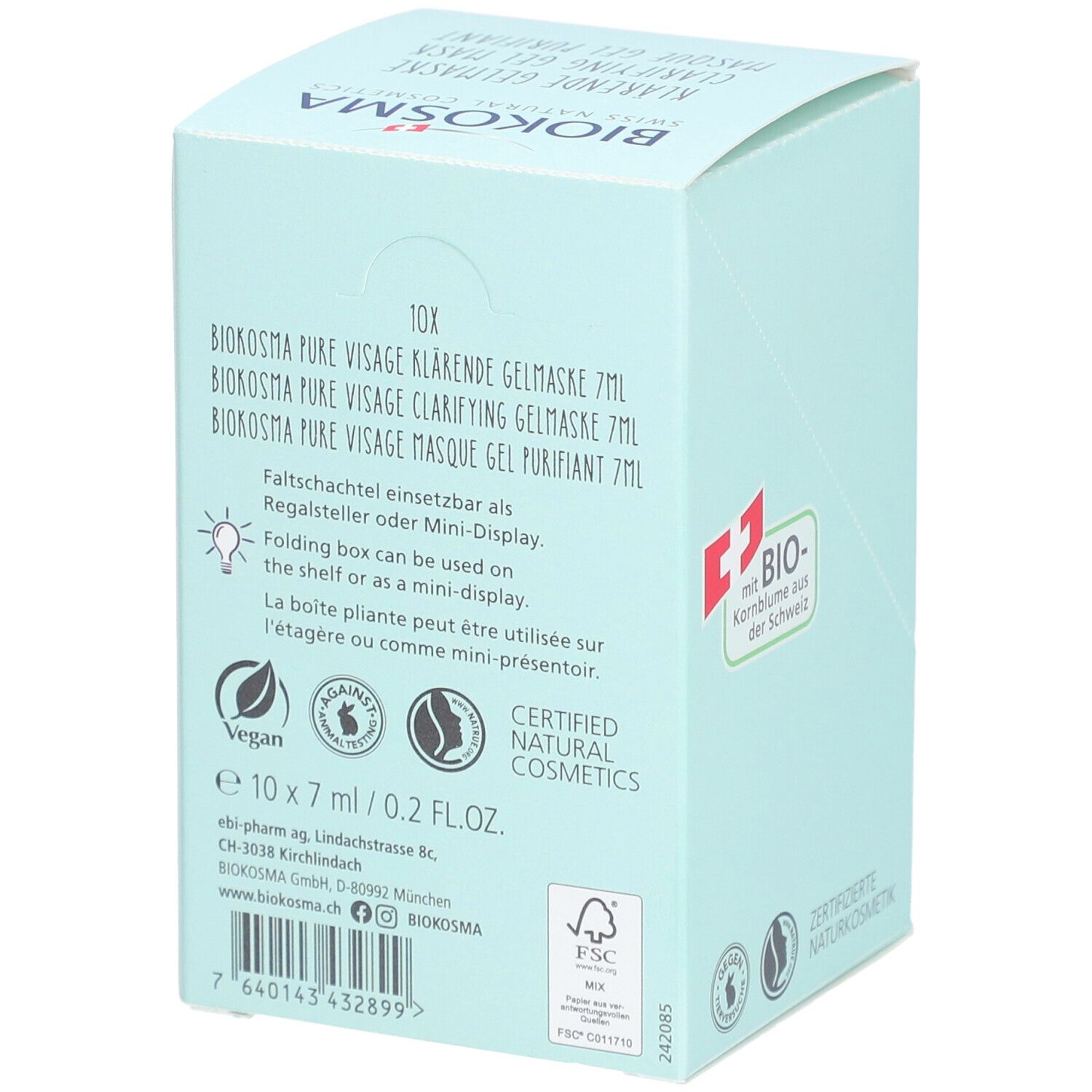 Produktverpackung mit Text: BIOKOSMA Pure Visage Klärende Gelmaske. Enthält 10 x 7ml. Vegan- und Naturkosmetik-Zertifizierungen.