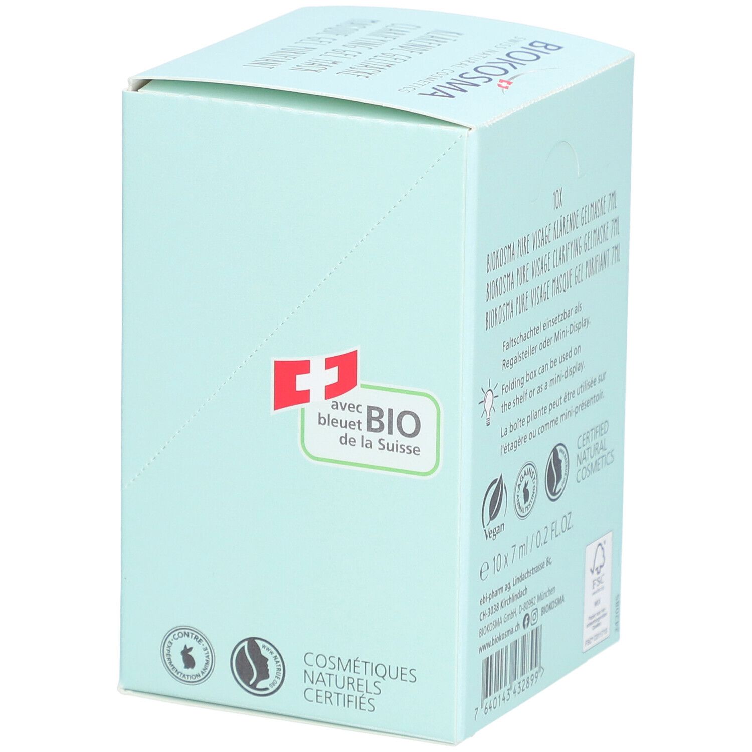 Hellblaue Produktverpackung mit BIOKOSMA-Logo, Schweizer Kreuz und BIO-Zertifizierung. Enthält 10 x 7ml.