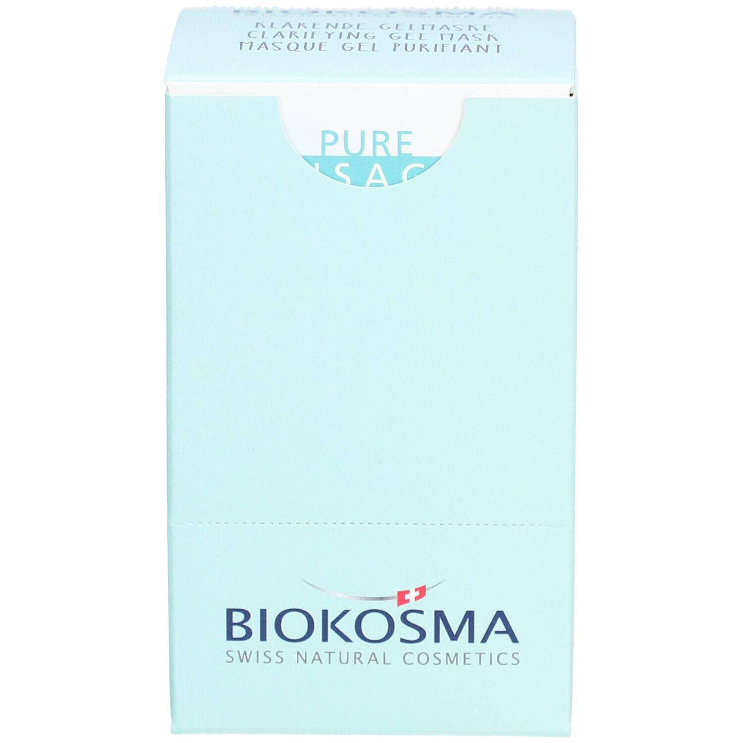 Hellblaue Produktverpackung mit BIOKOSMA-Logo und Schweizer Kreuz. Aufschrift: Klärende Gelmaske. PURE Visage.