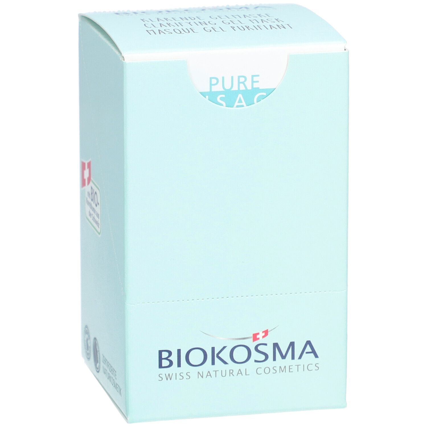 Hellblaue Produktverpackung mit BIOKOSMA-Logo und Schweizer Kreuz. Aufschrift: Klärende Gelmaske. PURE Visage.