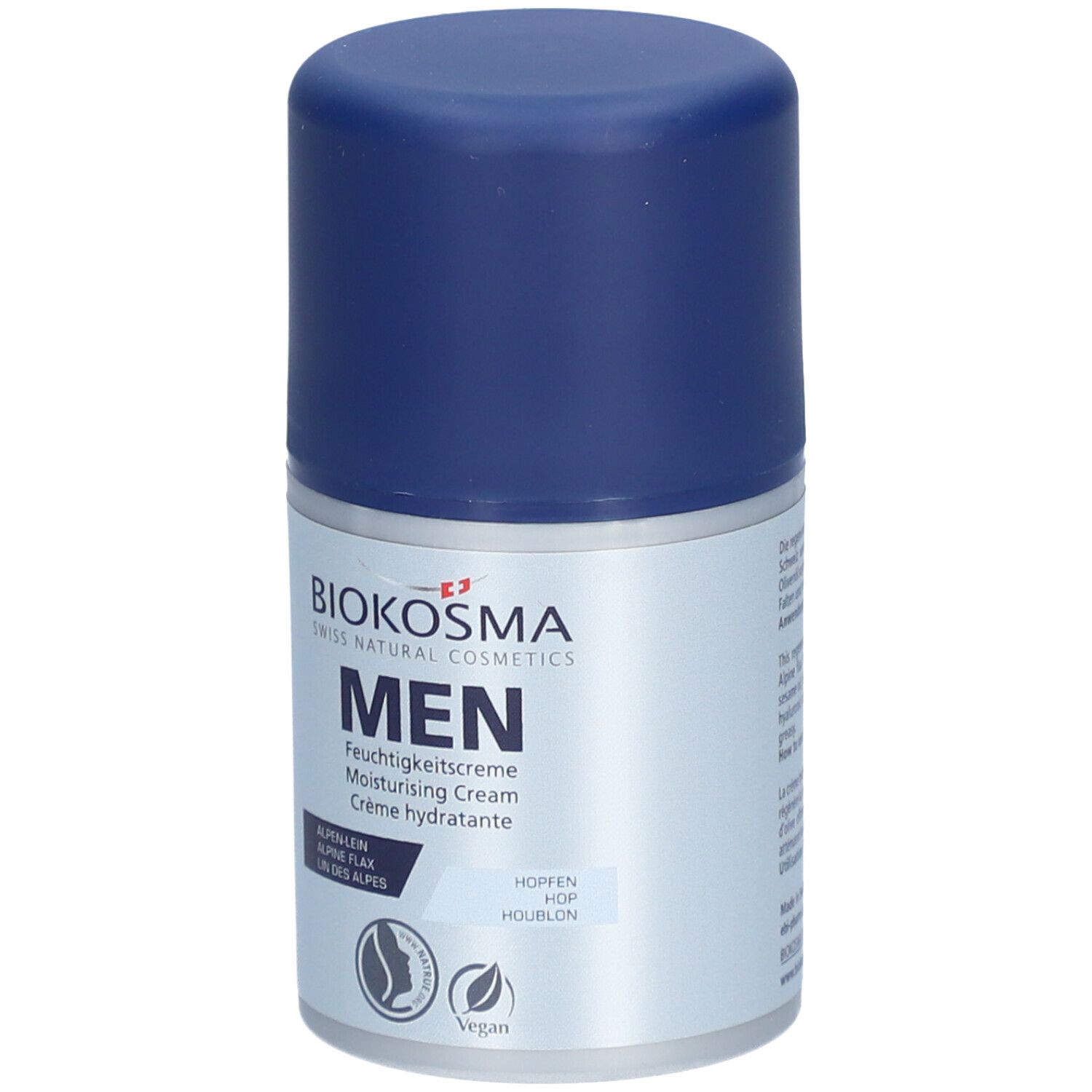 BIOKOSMA Men Feuchtigkeitscrème. Blaue Kappe, silberne Dose. Text: MEN, Alpine Flax, Hopfen. Vegan-Siegel.