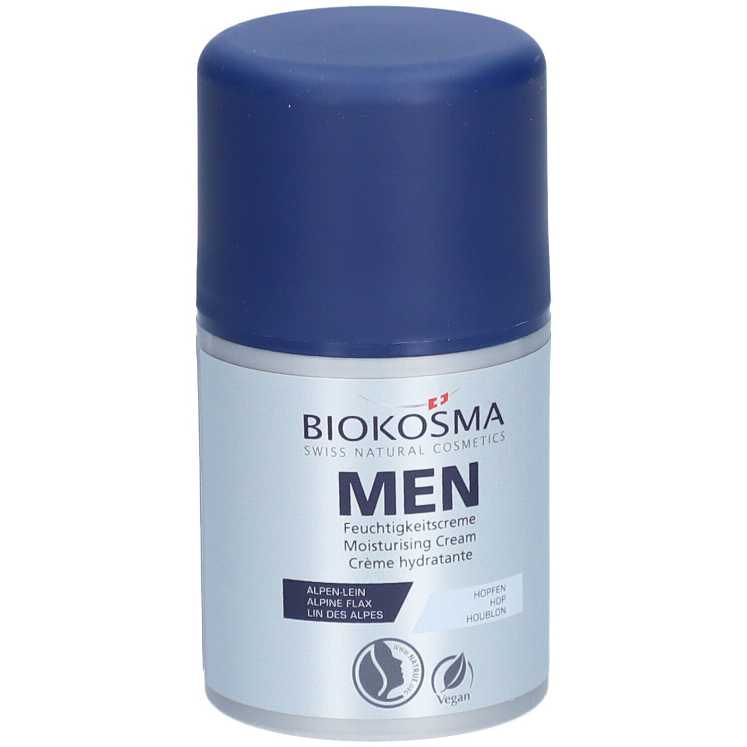 BIOKOSMA Men Feuchtigkeitscrème. Blaue Kappe, silberne Dose. Text: MEN, Alpine Flax, Hopfen. Vegan-Siegel.
