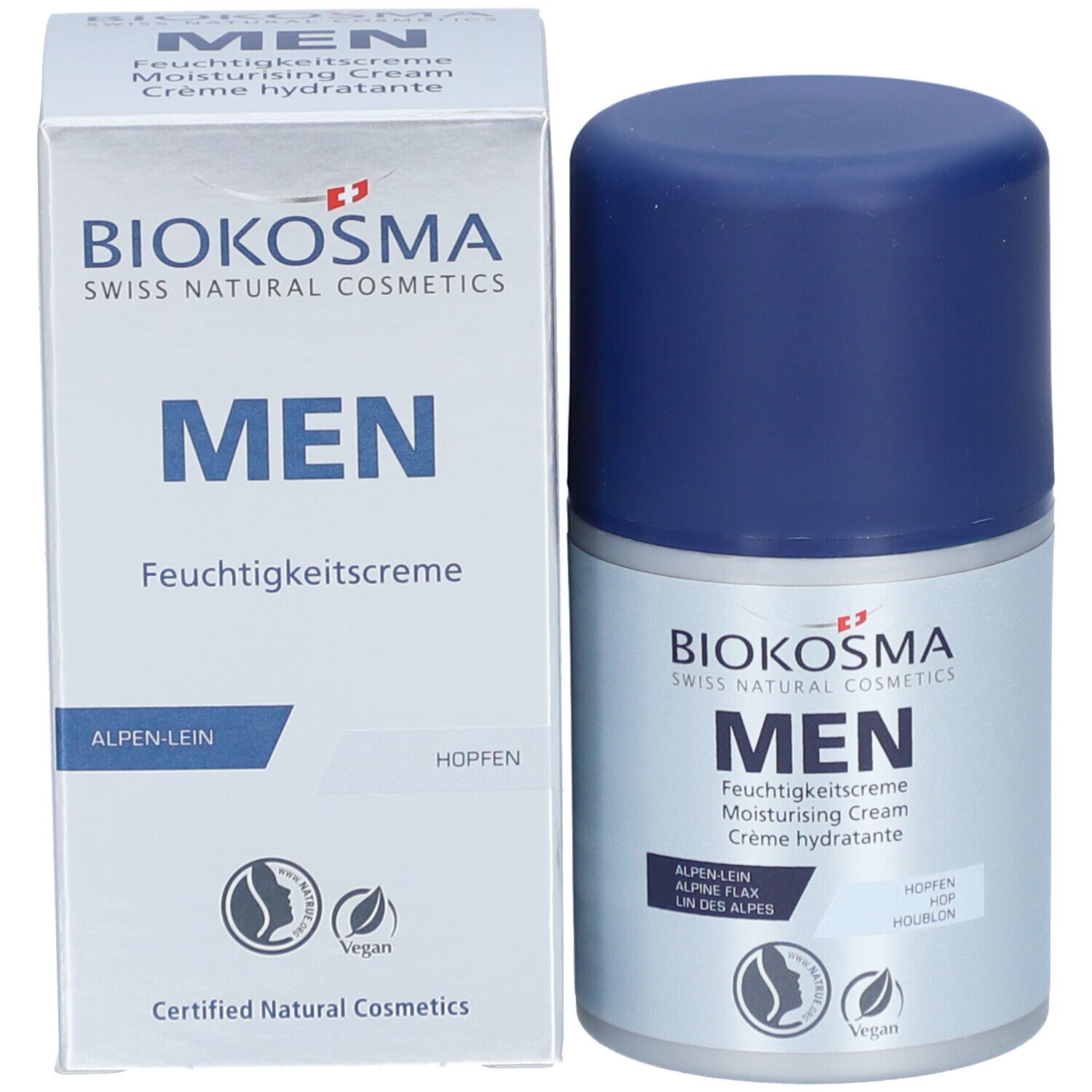 BIOKOSMA Men Feuchtigkeitscrème und Verpackung. Text: MEN, Alpine-Lein, Hopfen. Zertifizierte Naturkosmetik. Vegan-Siegel.