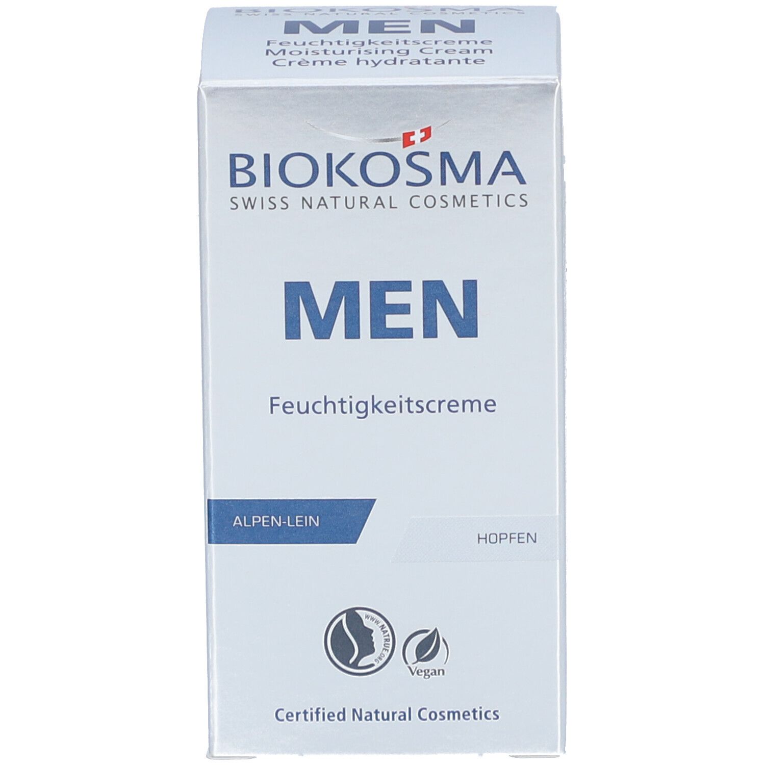 BIOKOSMA Men Feuchtigkeitscrème Verpackung. Text: MEN, Alpine-Lein, Hopfen. Zertifizierte Naturkosmetik. Vegan-Siegel.