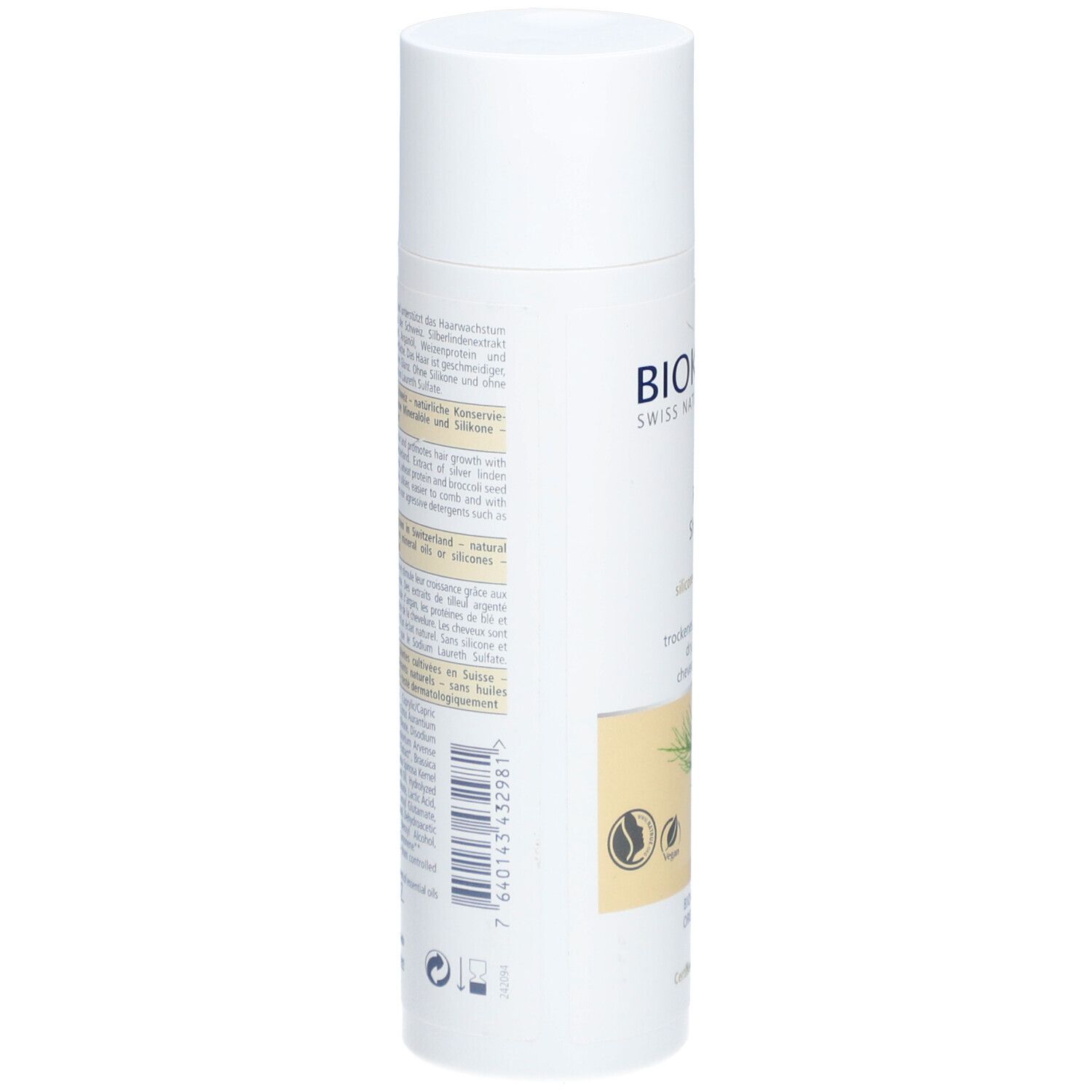 Weiße Shampoo-Flasche, Rückseite mit Text. Barcode und Informationen. Vegan-Siegel.