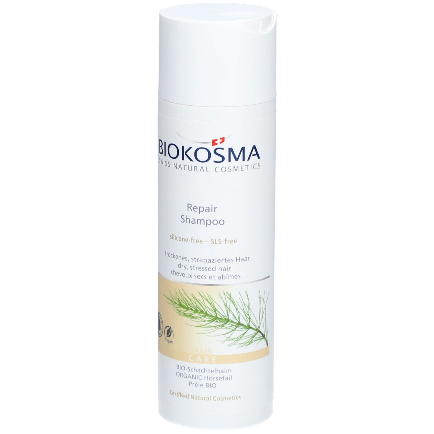 Weiße Shampoo-Flasche mit BIOKOSMA-Logo und Repair Shampoo. Vegan-Siegel und Pflanzen-Illustration.