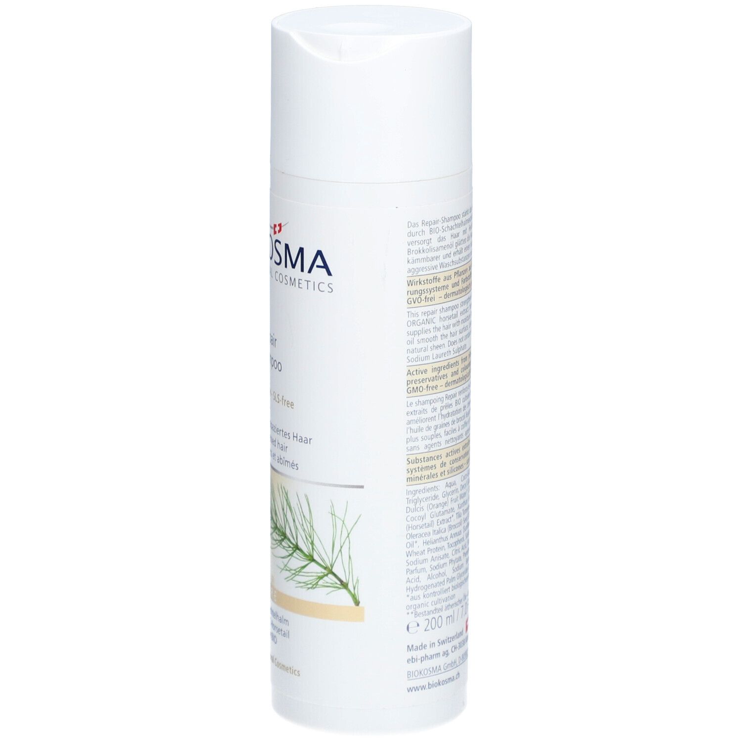 Weiße Shampoo-Flasche, Seite mit Text. BIOKOSMA-Logo, Repair Shampoo, Volumen. Vegan-Siegel.