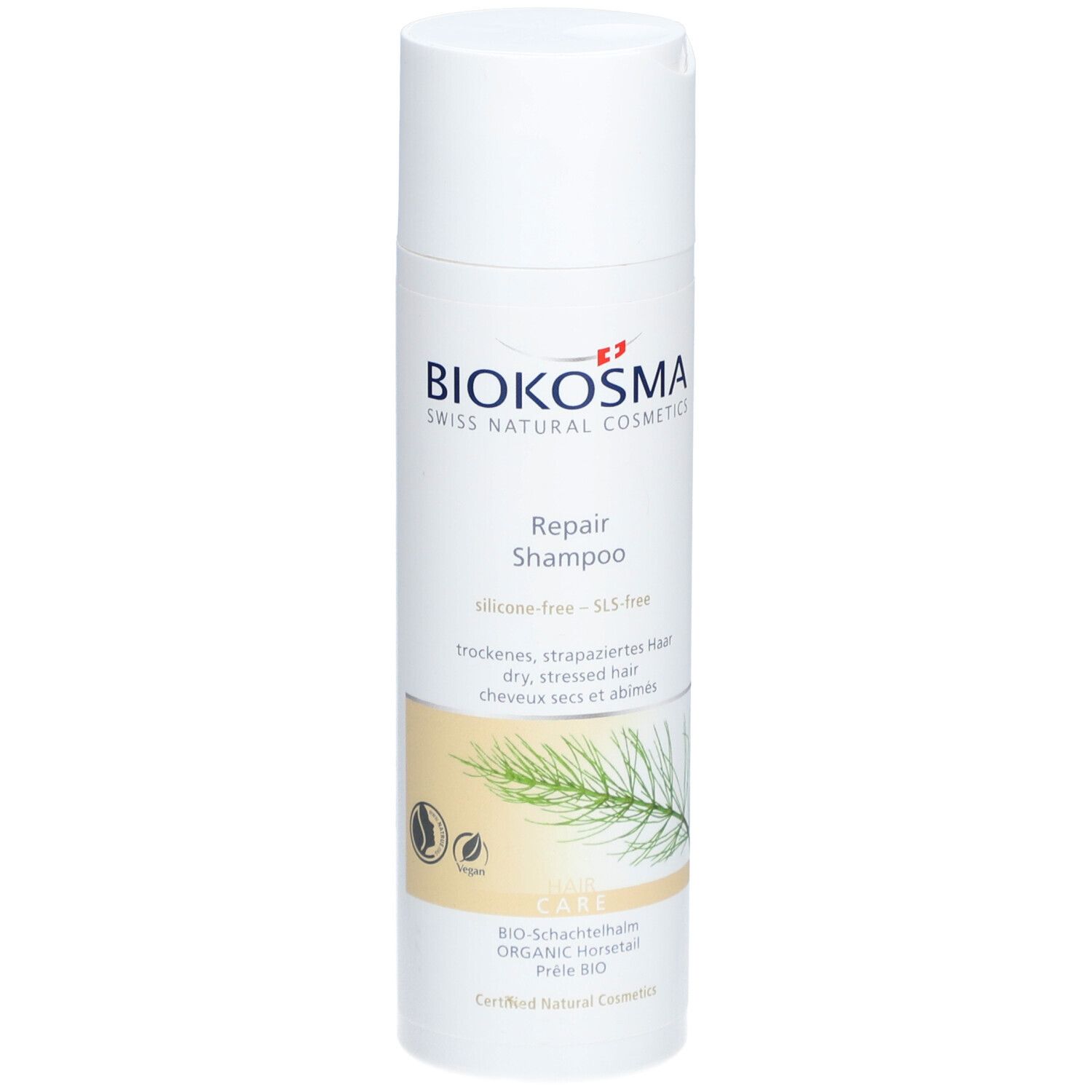 Weiße Shampoo-Flasche mit BIOKOSMA-Logo und Produktbezeichnung Repair Shampoo. Vegan-Siegel und Illustration.