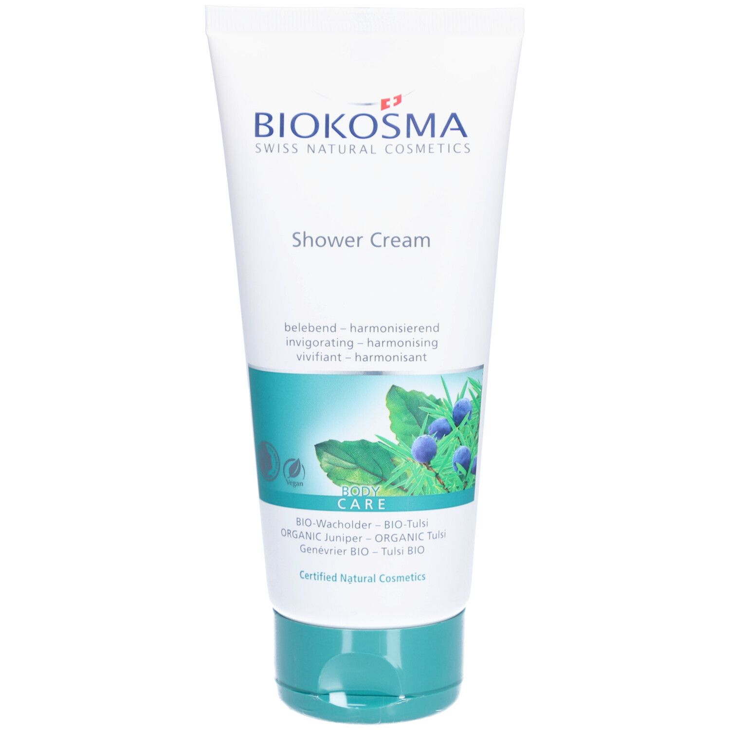 Tube mit Biokosma Shower Cream. Weiß, türkisfarbener Verschluss. Schriftzug und Illustrationen.