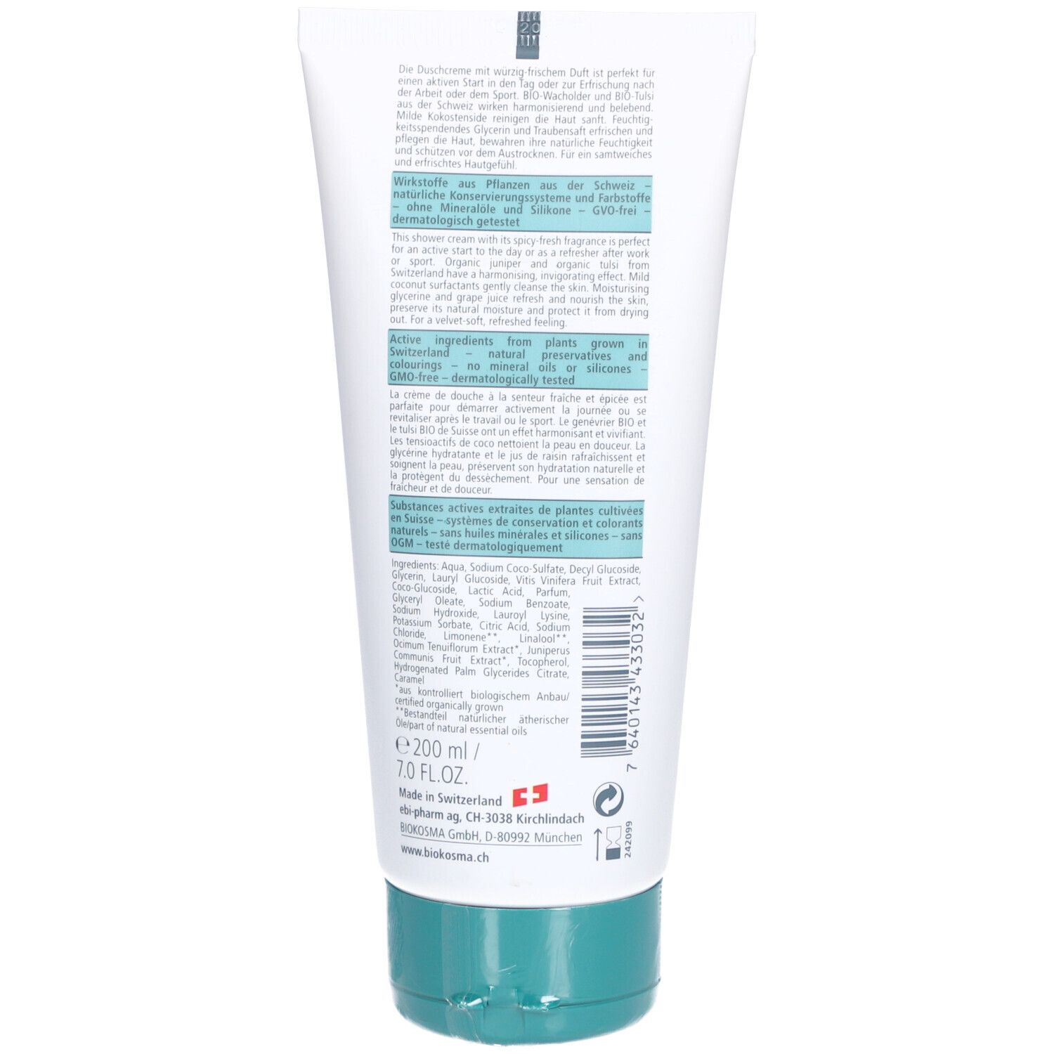 Rückseite der Tube Biokosma Shower Cream. Text, Inhaltsstoffe, Volumenangabe 200 ml.