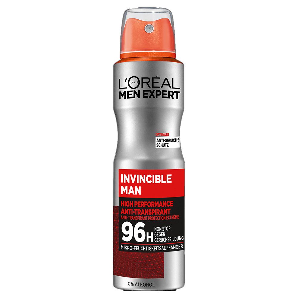 Flacon spray argenté avec inscriptions rouges et noires. Tête de pulvérisation orange. L'Oréal Men Expert Invincible Man.