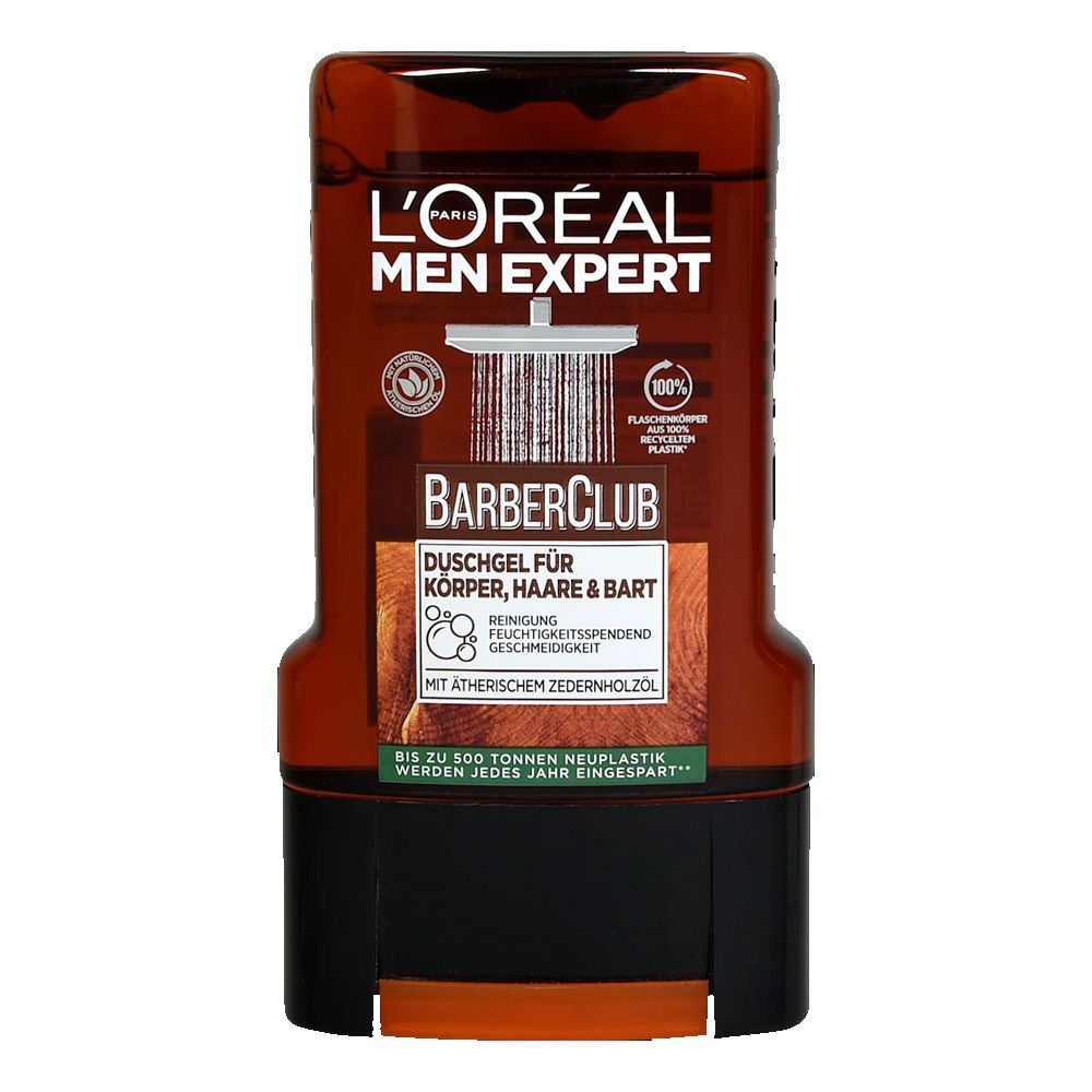 Duschgel von L'Oréal Men Expert Barber Club. Braune Flasche mit schwarzem Deckel. Text: Duschgel für Körper, Haare & Bart.