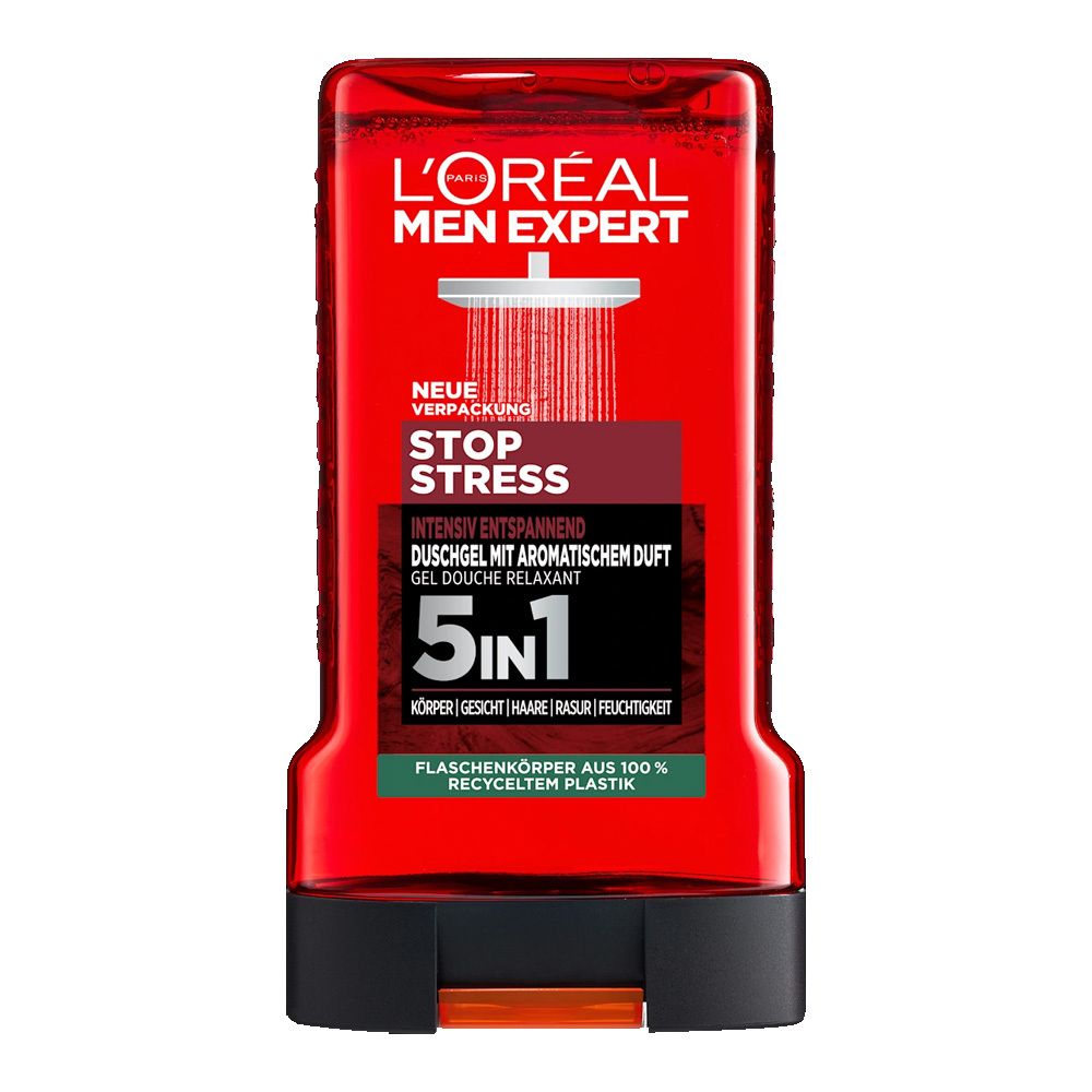 Rote Duschgel-Flasche mit schwarzem Deckel. L'Oréal Men Expert Logo. Text: Stop Stress, 5in1. Flaschenkörper aus 100% recyceltem Plastik.