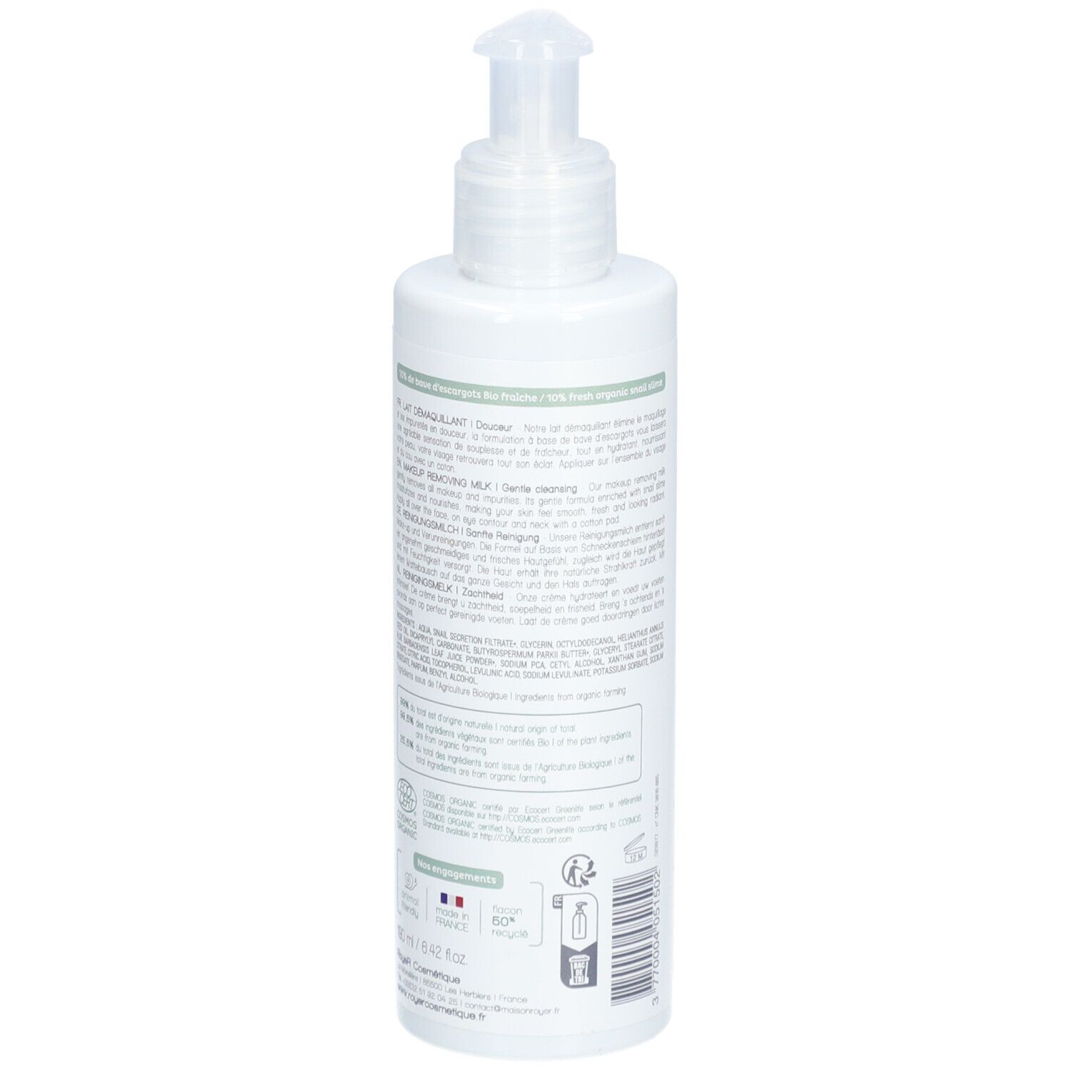 Weiße Flasche mit Dosierpumpe. Rückseite mit Text, Logos und Barcode. Bio-Siegel und Herkunftsland Frankreich.
