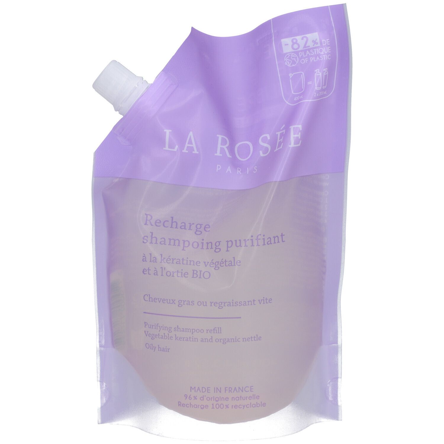 Recharge de shampooing La Rosée, violet clair. Bouchon blanc. Texte: Recharge shampoing purifiant, à la kératine végétale et à l'ortie BIO.