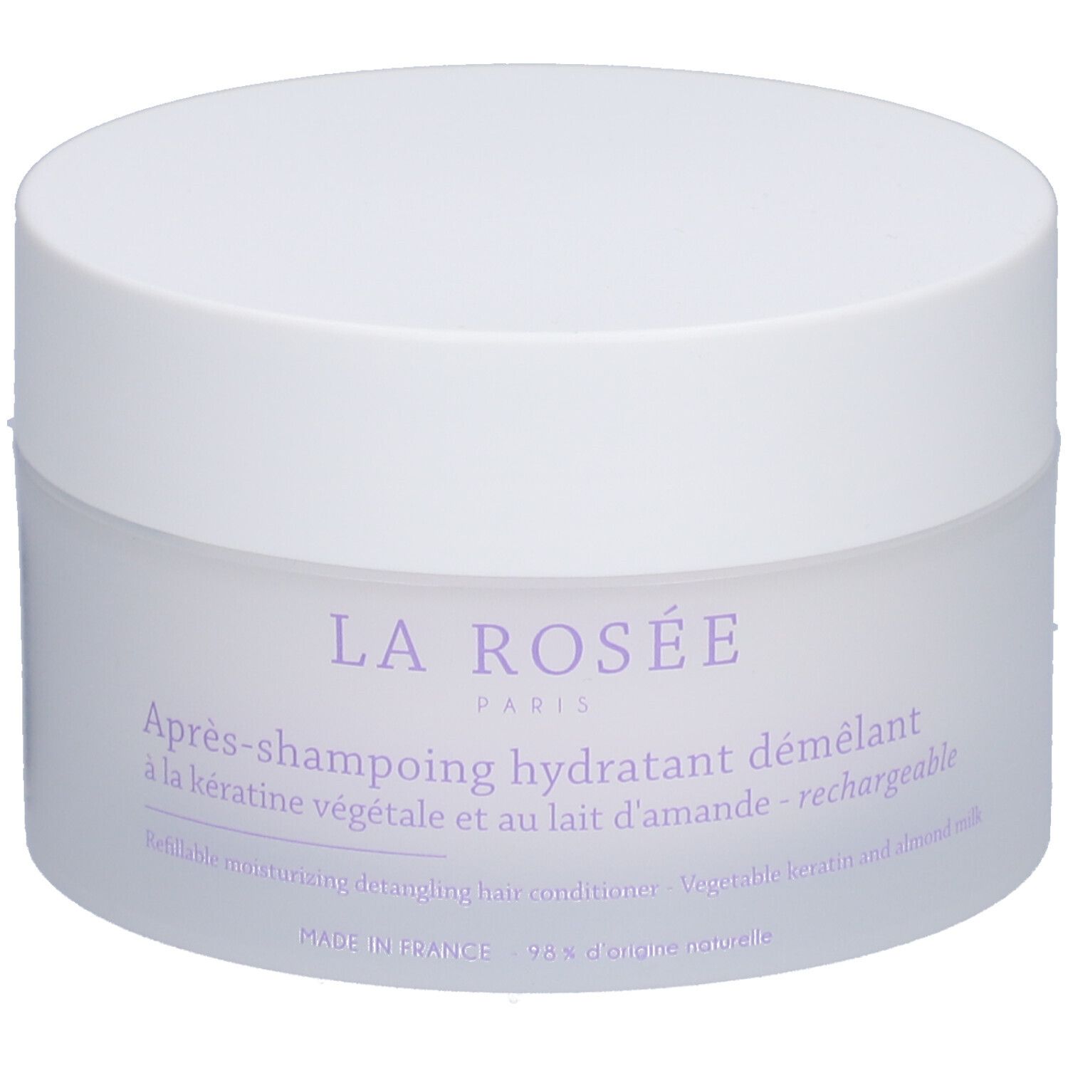 Weißer Tiegel mit Deckel. Aufschrift: La Rosée Paris, Après-shampooing hydratant démêlant. Französische und englische Texte.