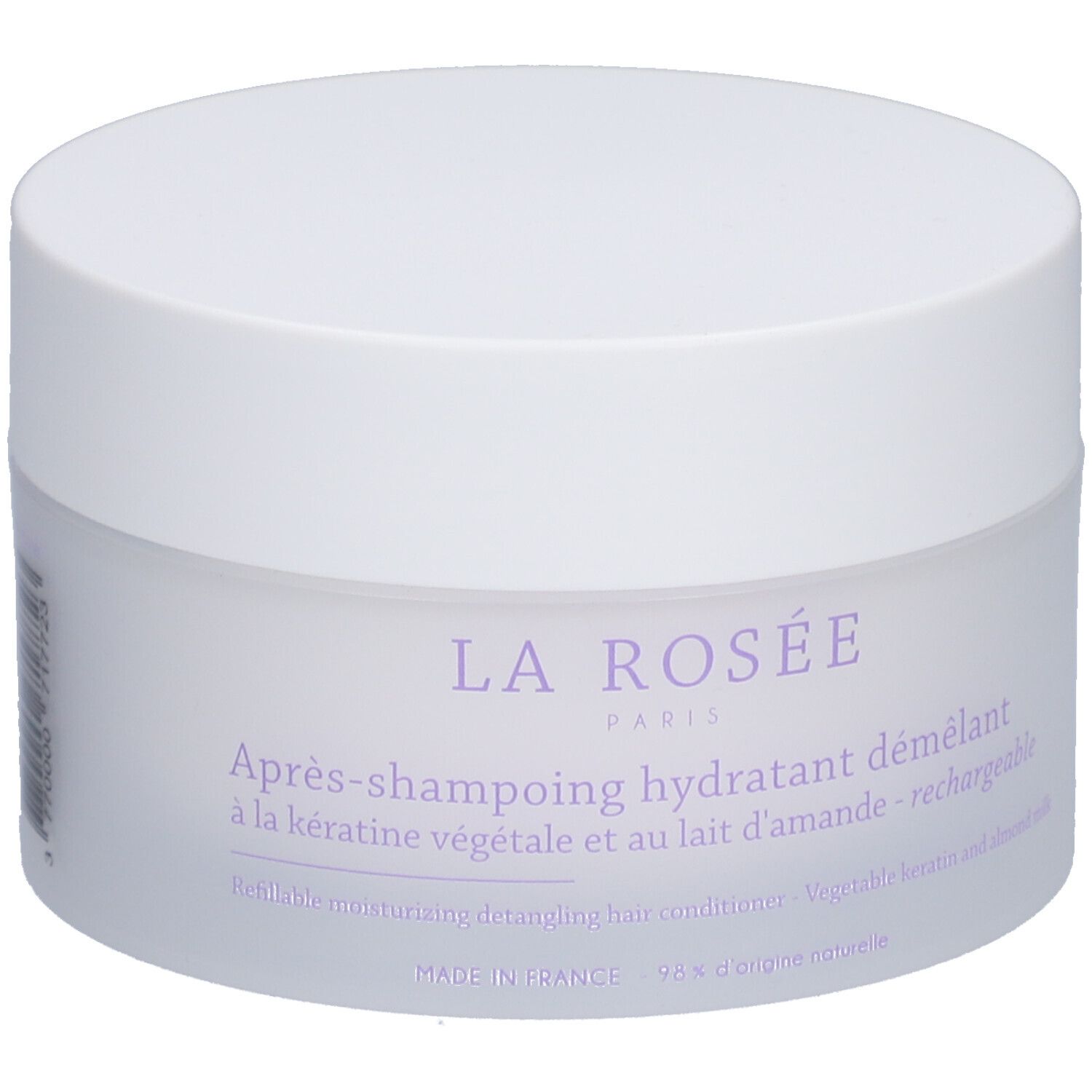 Weißer Tiegel mit Deckel. Aufschrift: La Rosée Paris, Après-shampooing hydratant démêlant. Französische und englische Texte.