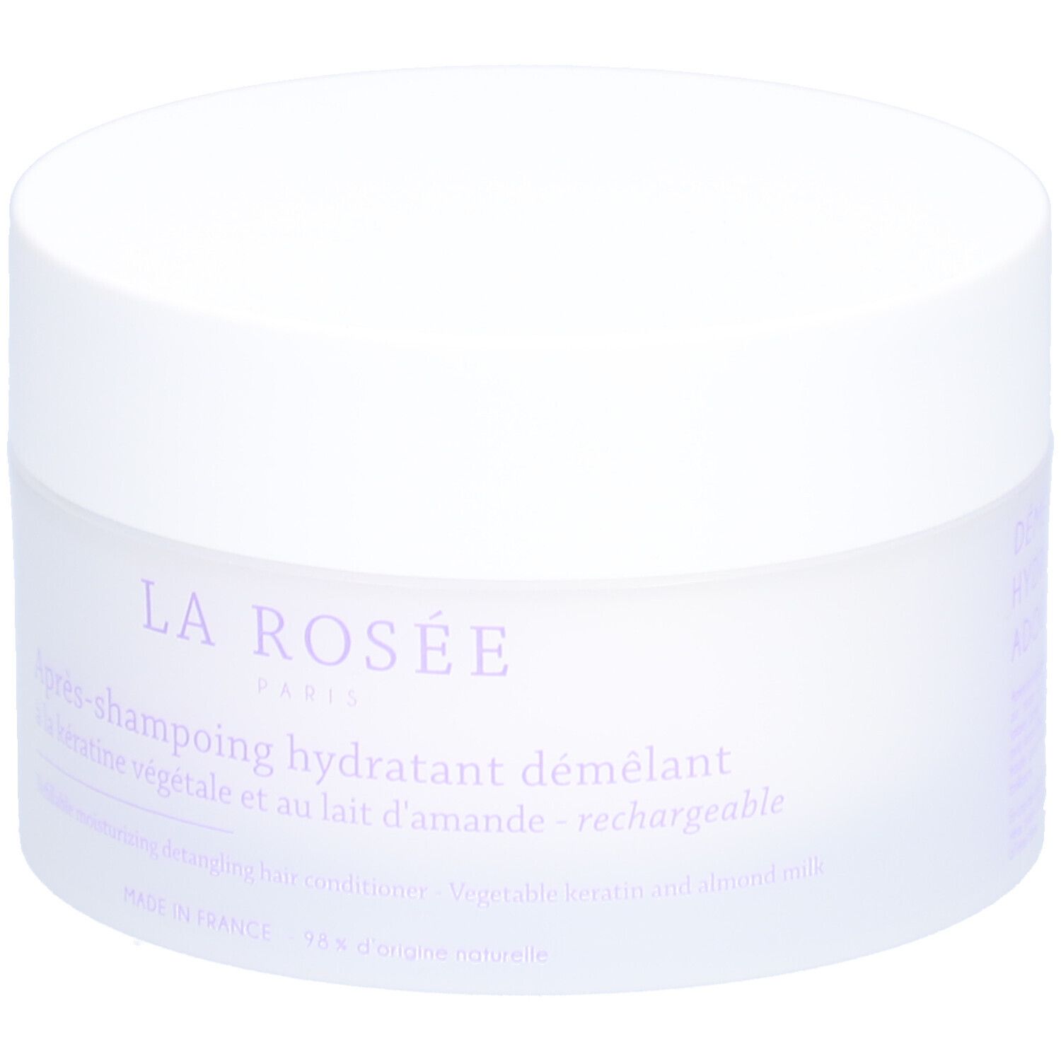 Weißer Tiegel mit Deckel. Aufschrift: La Rosée Paris, Après-shampooing hydratant démêlant. Französische und englische Texte.