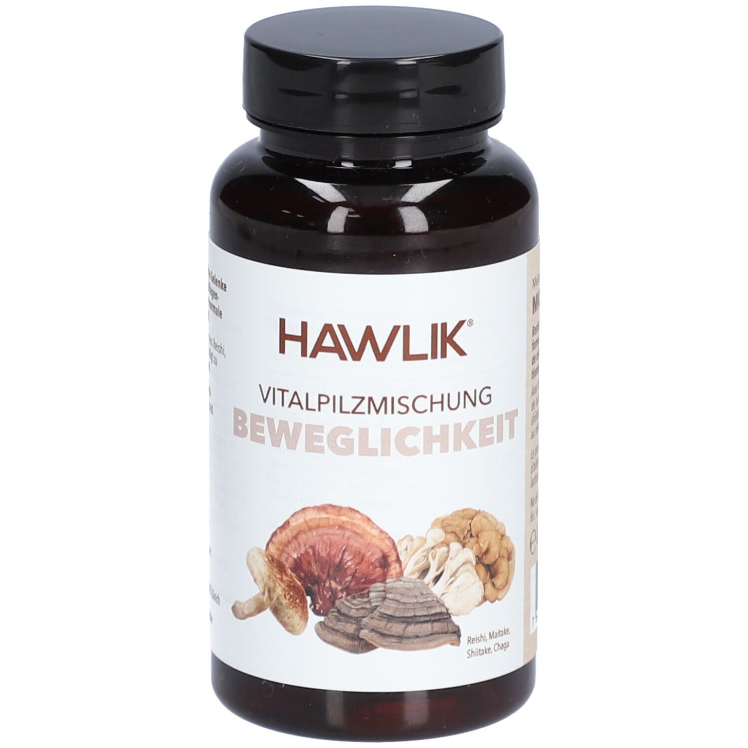 Braune Flasche mit schwarzem Deckel. Aufschrift: HAWLIK Vitalpilzmischung Beweglichkeit. Abbildung von Pilzen.