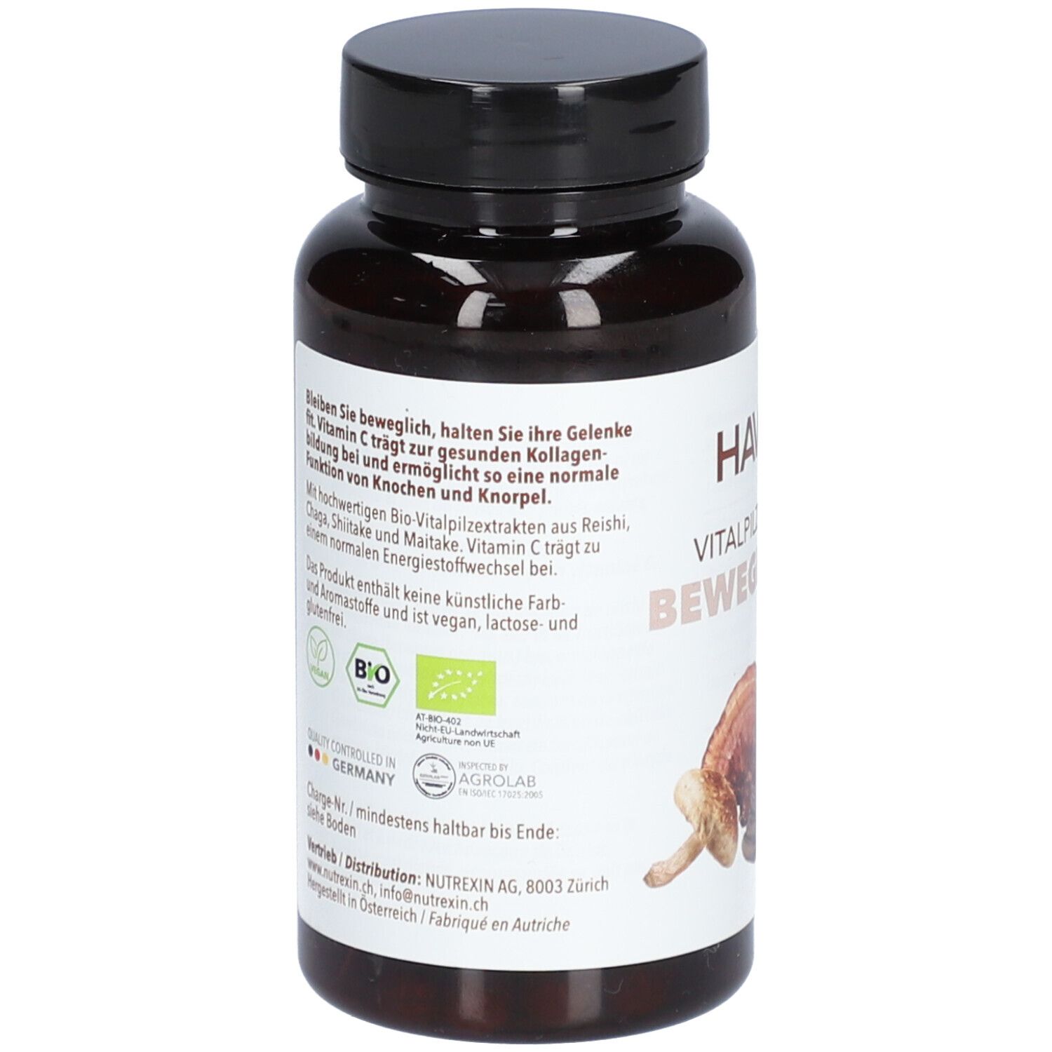 Rückseite der braunen Flasche. Textinformationen und Bio-Siegel. Hergestellt in Deutschland. Vegan.