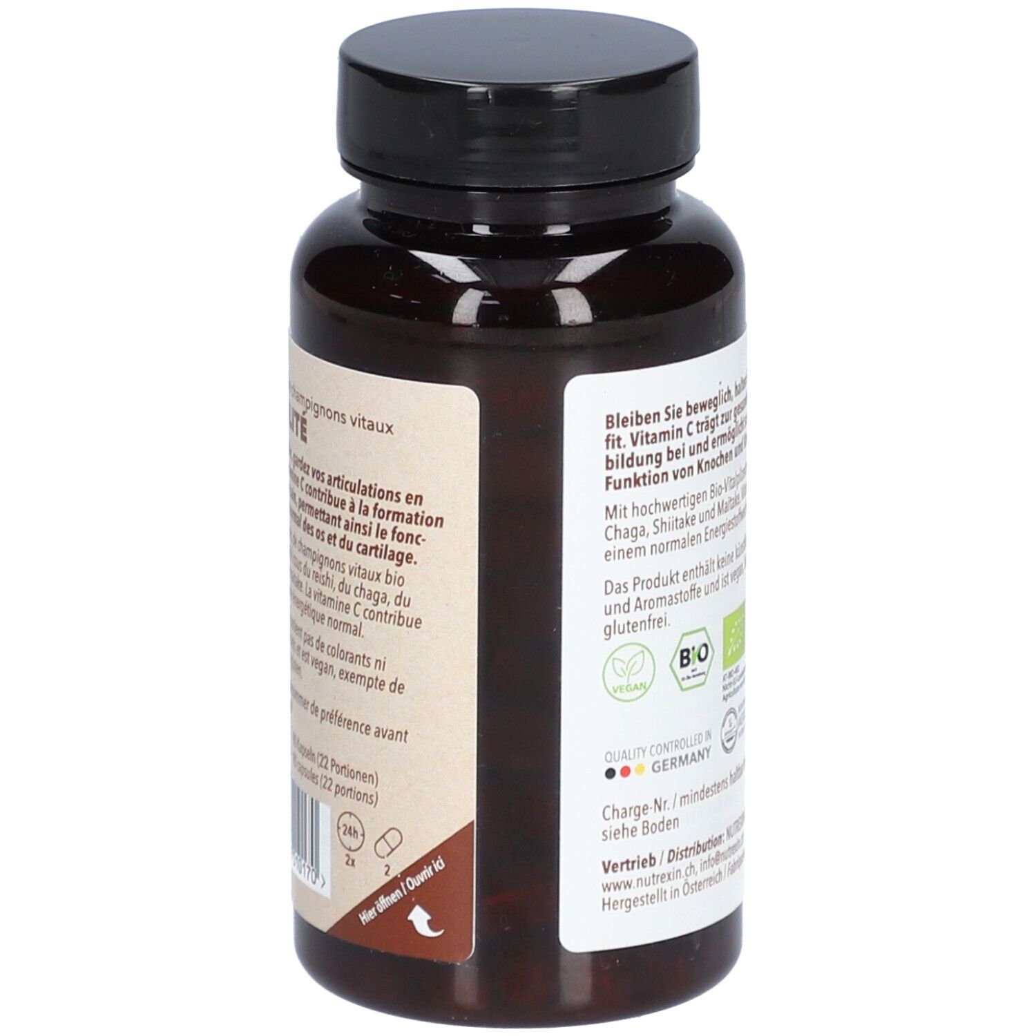 Rückseite der braunen Flasche. Textinformationen und Bio-Siegel. Hergestellt in Deutschland. Vegan.