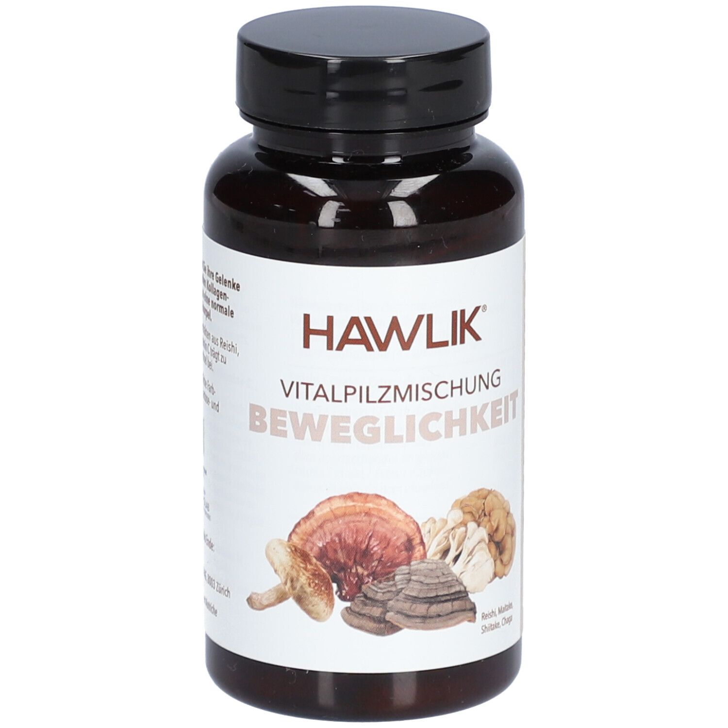 Braune Flasche mit schwarzem Deckel. Aufschrift: HAWLIK Vitalpilzmischung Beweglichkeit. Abbildung von Pilzen.