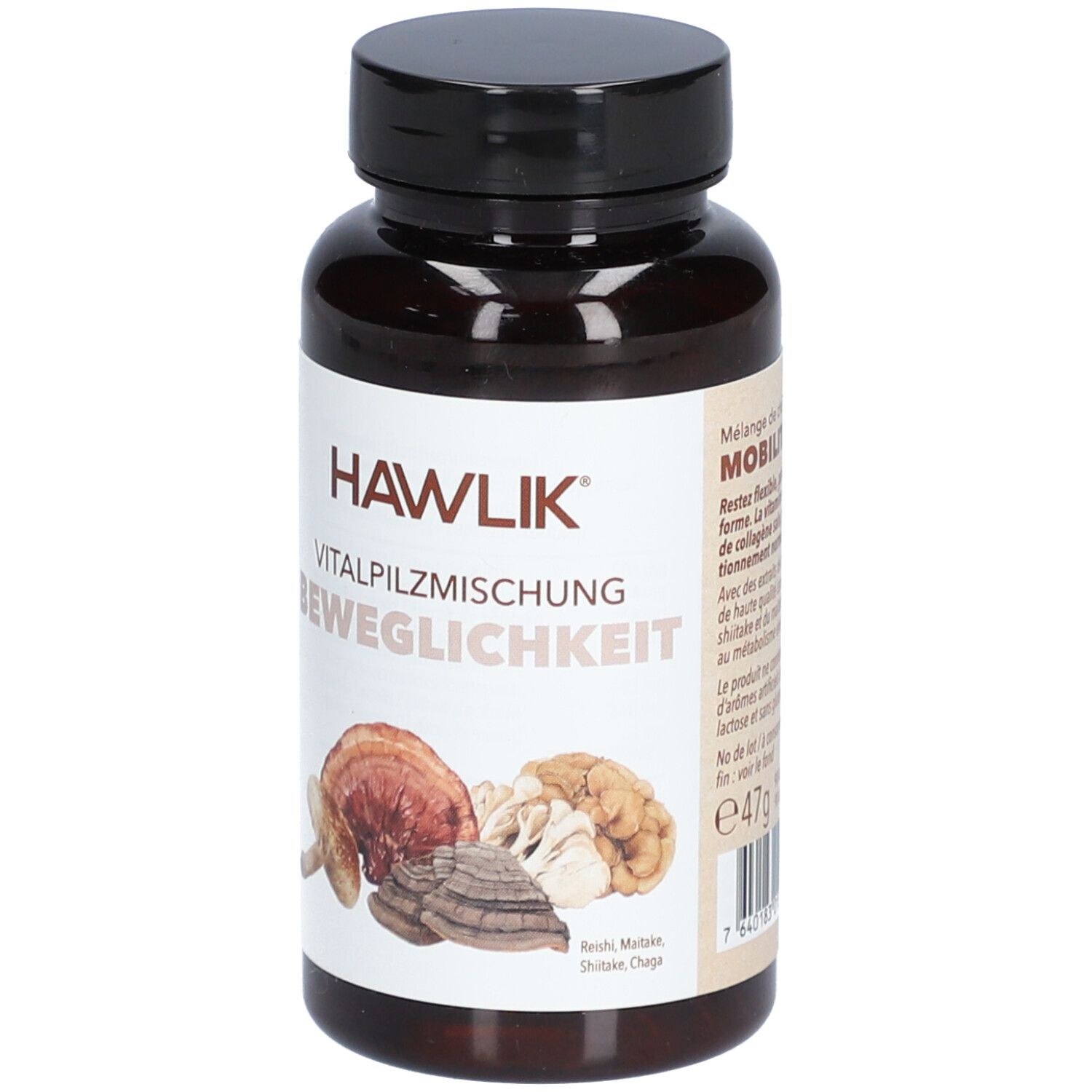 Braune Flasche mit schwarzem Deckel. Aufschrift: HAWLIK Vitalpilzmischung Beweglichkeit. Abbildung von Pilzen.