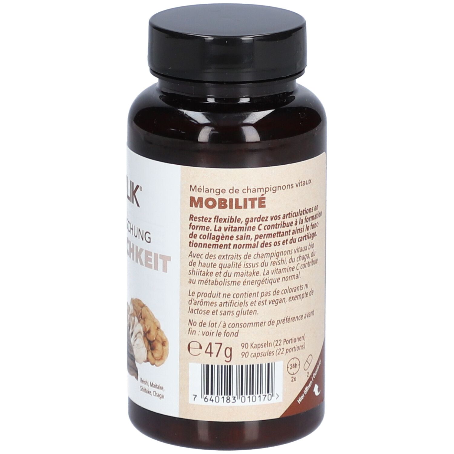 Rückseite der braunen Flasche. Textinformationen, Gewicht 47g, 90 Kapseln. Vegan.