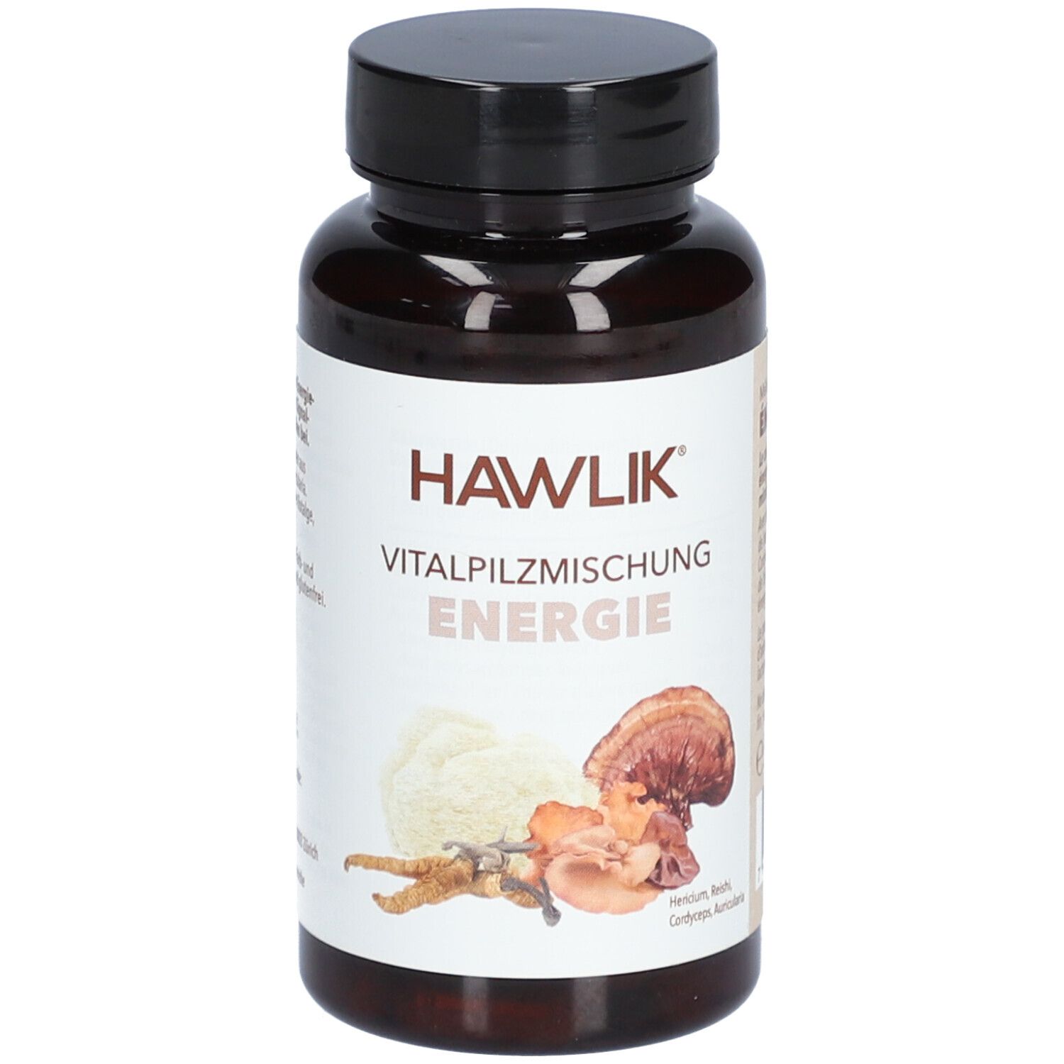 Flacon brun avec bouchon noir. Inscription: HAWLIK Vitalpilzmischung Energie. Illustration de champignons.
