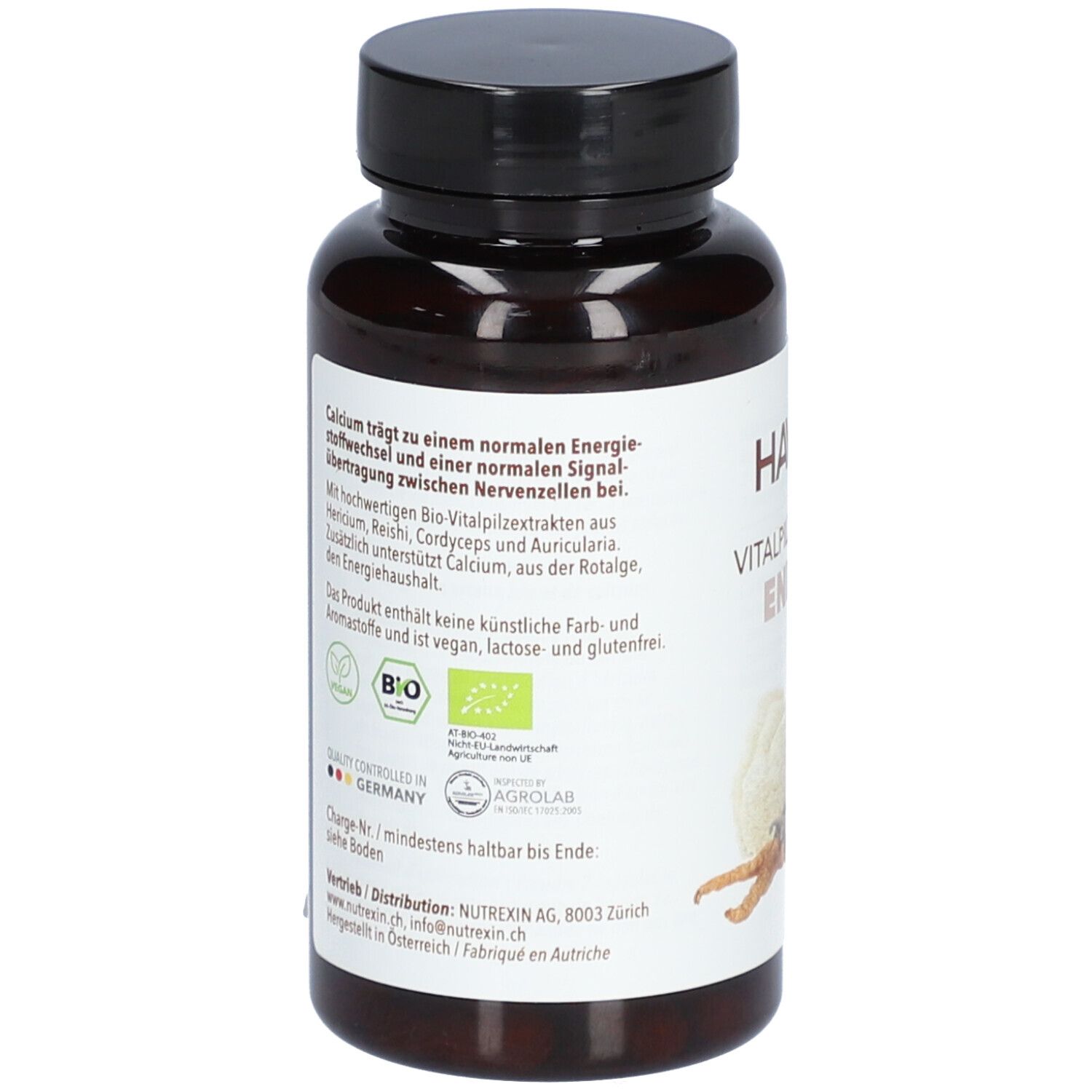 Dos du flacon. Texte sur les ingrédients et certifications. Label bio et origine: Made in Germany.
