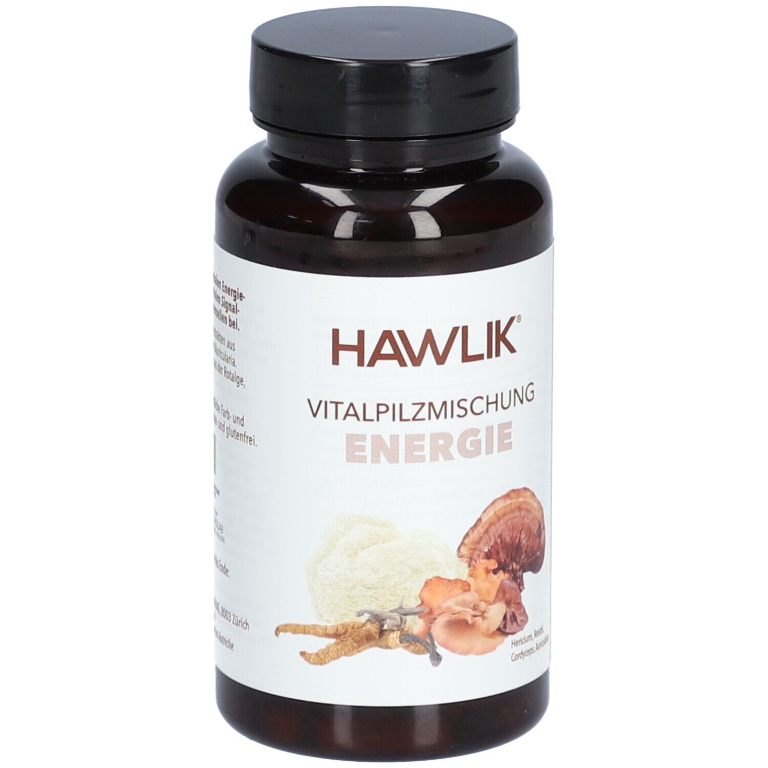 Flacon brun avec bouchon noir. Inscription: HAWLIK Vitalpilzmischung Energie. Illustration de champignons.