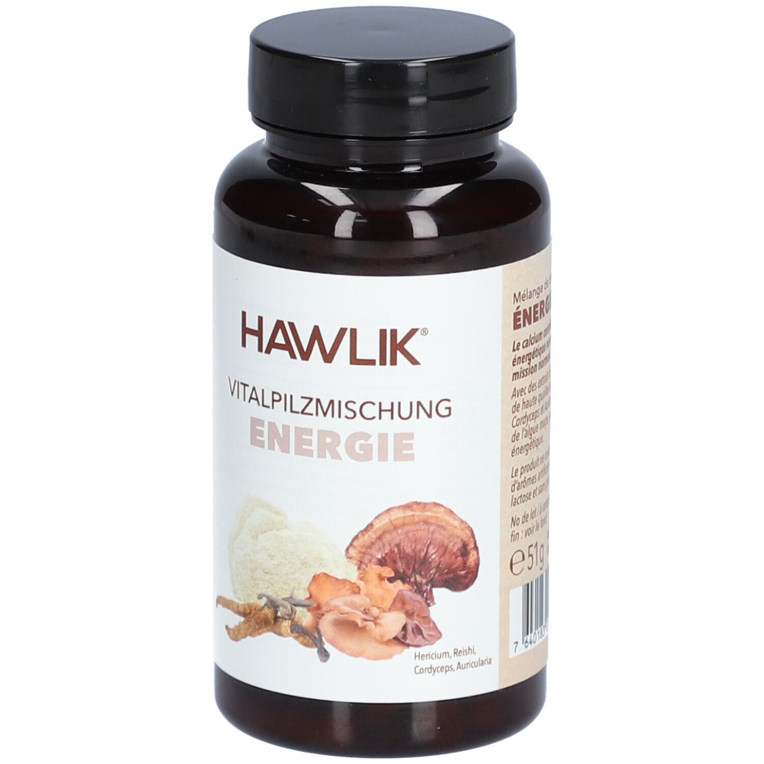 Flacon brun avec bouchon noir. Inscription: HAWLIK Vitalpilzmischung Energie. Illustration de champignons.