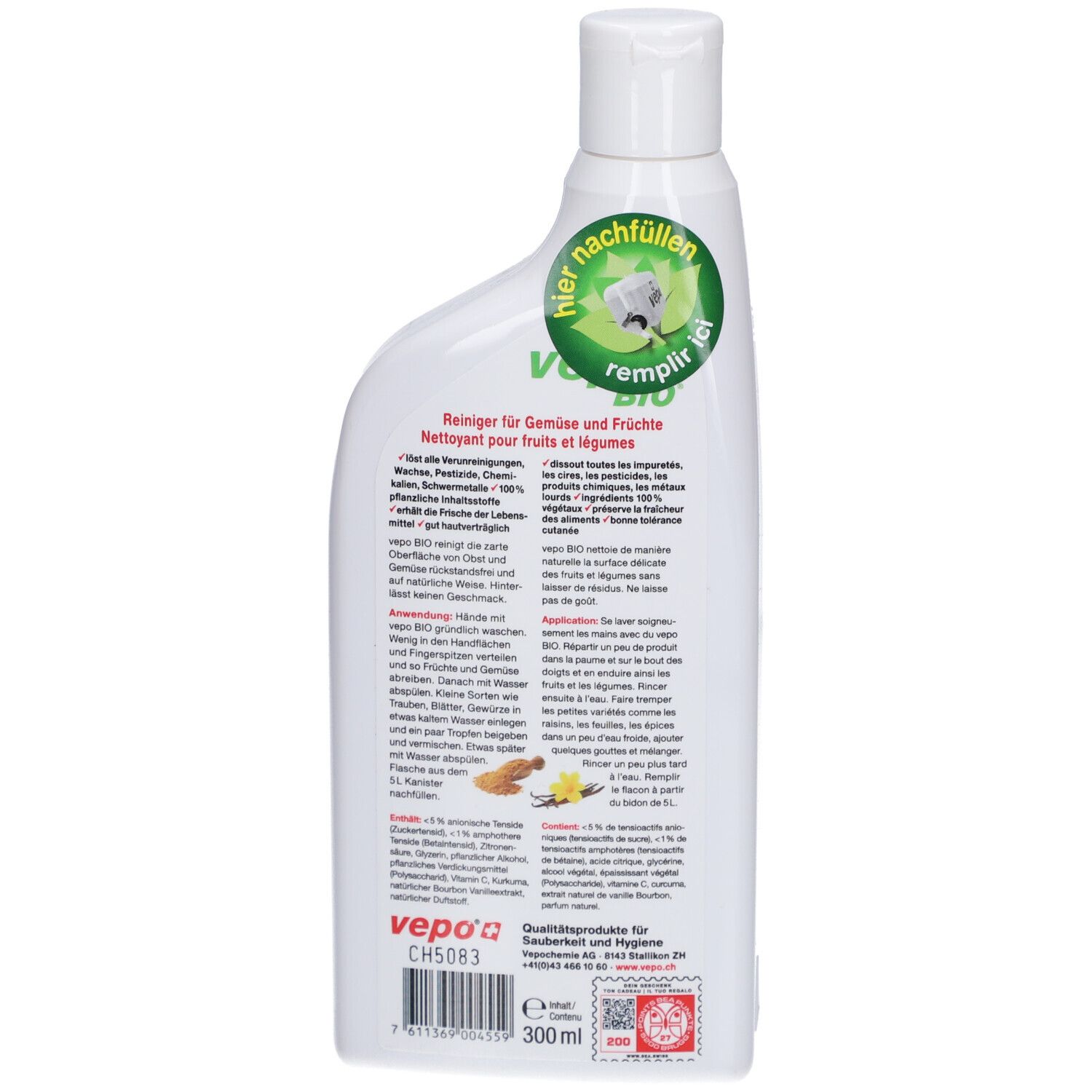 Rückseite der vepo® bio Flasche. Text: Reiniger für Gemüse und Früchte. Inhaltsstoffe und Anwendungshinweise.