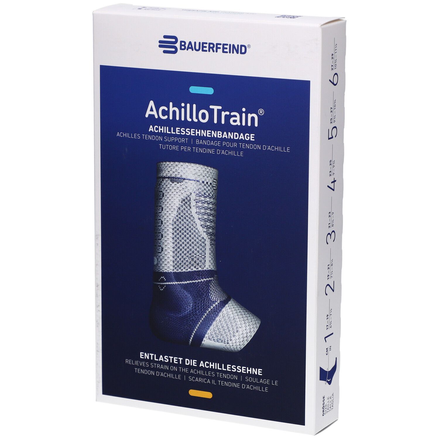 Verpackung mit AchilloTrain Bandage. Produktname und Logo sichtbar. Größenangabe auf der Seite.
