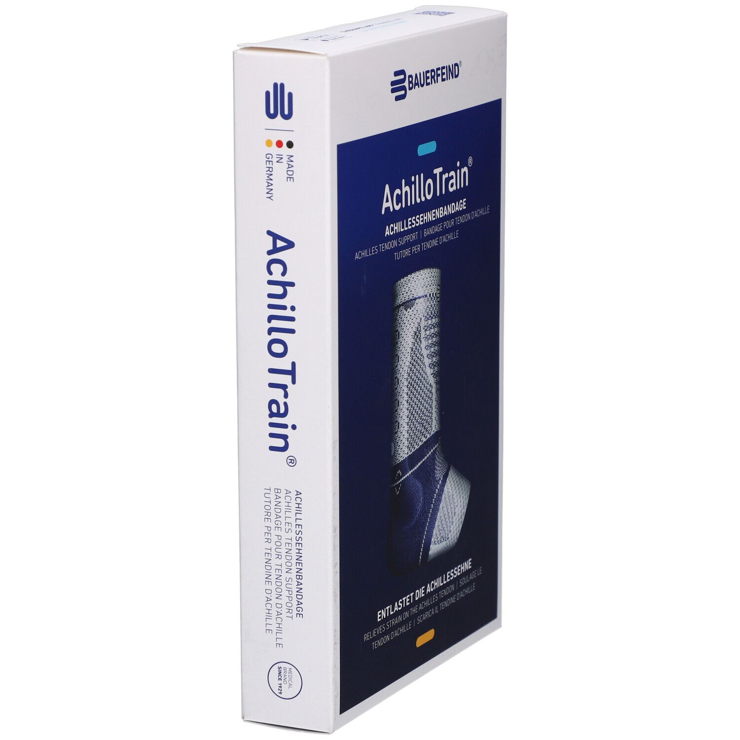 Verpackung AchilloTrain. Produktname und Logo sichtbar. Made in Germany. Seitenansicht.